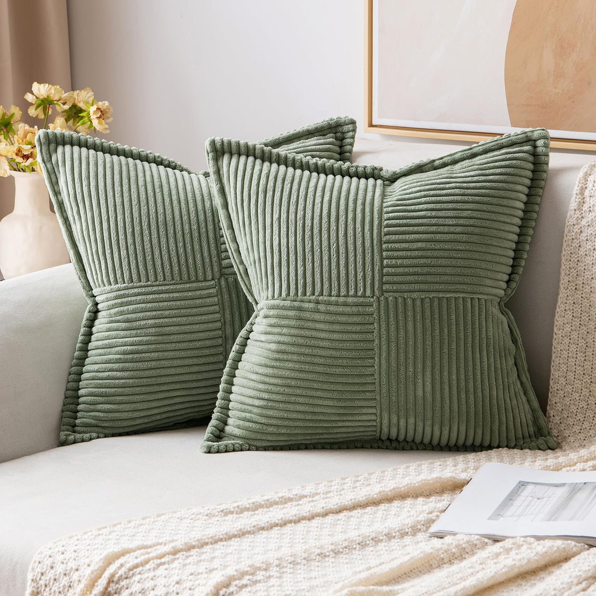 MIULEE Decorative Throw Pillow Covers for Couch 18x18 Inch Beige 2 Pack | Boho Broadside Striped Patchwork Pillow Covers, Soft Corduroy Cushion Cases, For Sofa Bed Livingroom Home Decor