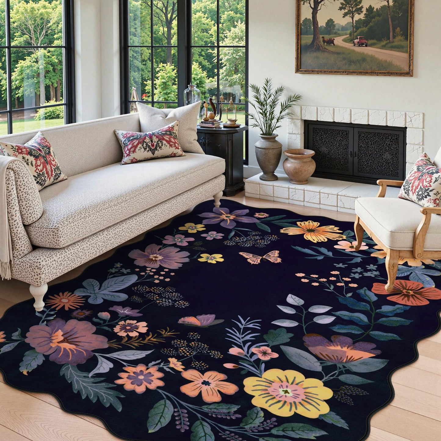Lahome Floral Rugs for Living Room, 5x7 Area Rugs Ultra-Thin Soft Washable Rug, Non-Slip Bedroom Rug Stain Resistant Boho Flore Carpet for ‎Dining Room Office (5x7ft,Black/Grey)