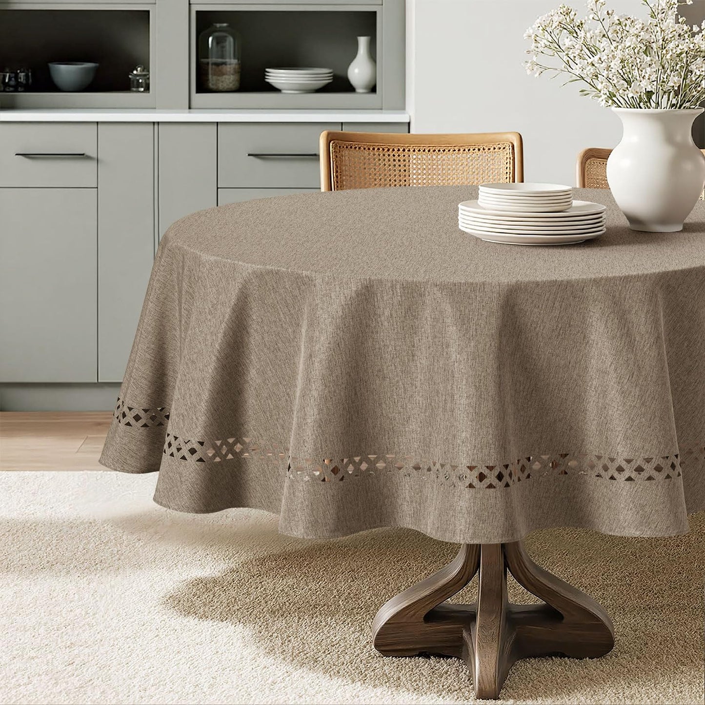 MIULEE Beige Rectangle Tablecloth with Decorative Cutouts 52x70 Inch | Waterproof Stain Resistant & Shrink-Proof Table Cloth, Farmhouse Style, for Dining Wedding Kitchen Party Outdoor