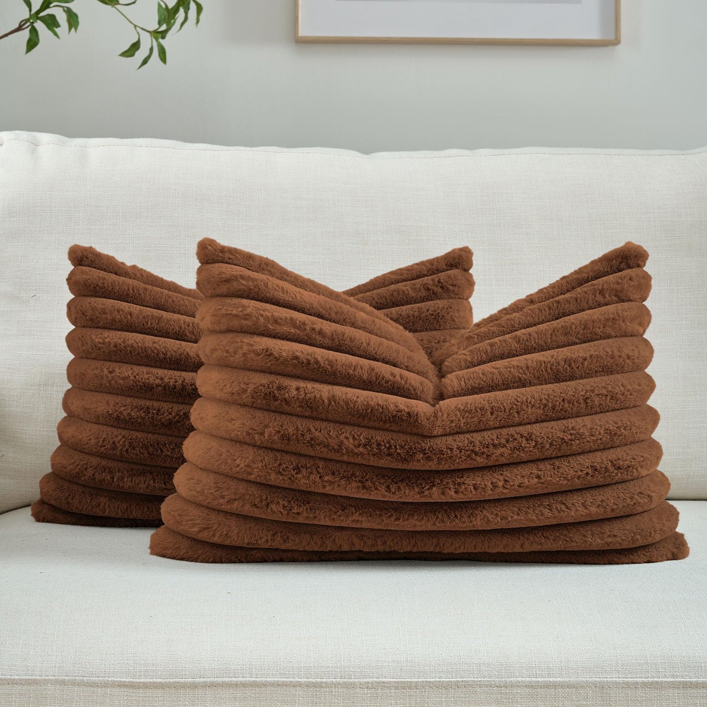 FUTEI Pack of 2 Faux Fur Throw Pillow Covers 18x18 Inch, Cream White | Fluffy Faux Rabbit Fur Front/Premium Velvet Back,Hidden Zipper,Machine Washable,Non-Shedding,Colorfast,Insert Not Included.