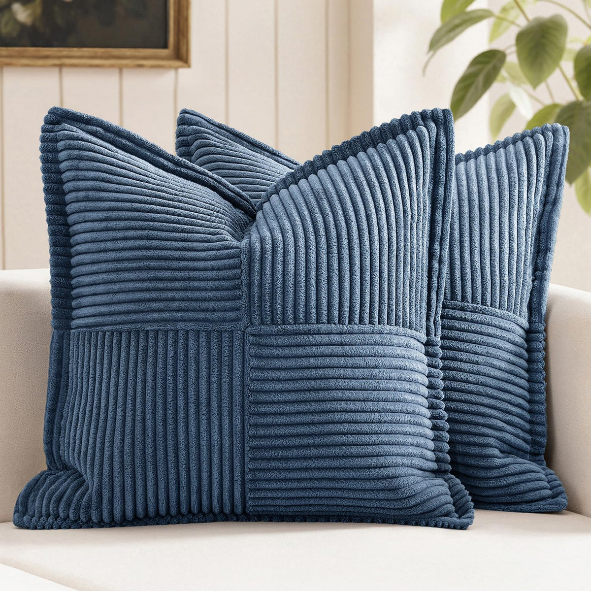 MIULEE Decorative Throw Pillow Covers for Couch 18x18 Inch Beige 2 Pack | Boho Broadside Striped Patchwork Pillow Covers, Soft Corduroy Cushion Cases, For Sofa Bed Livingroom Home Decor