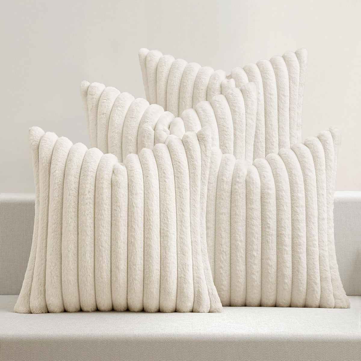 MIULEE Faux Fur Plush Decorative Throw Pillow Covers 18x18, Navy Blue | Set of 4, Striped, Soft Coastal Modern Cozy Home Decor, Cushion Cases for Sofa Couch Bed Living Room