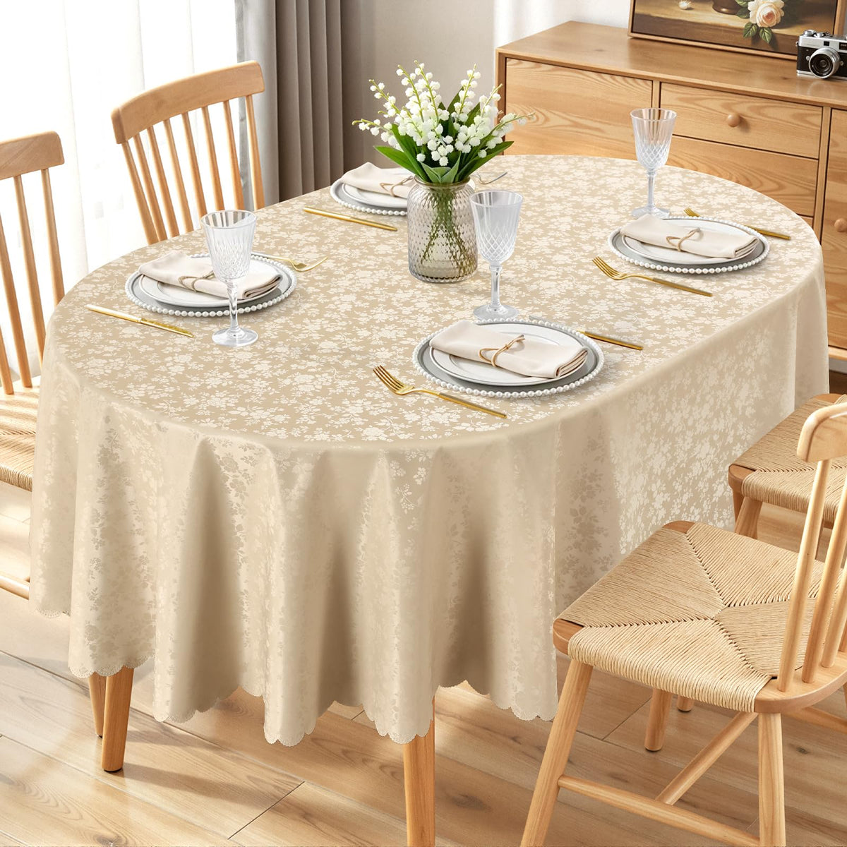 Smiry Rectangle Waterproof Heavy Duty Vinyl Tablecloths, 60 x 84 Inch | Wipeable Washable Floral Embossed Table Cover for Kitchen and Dining Room, Indoor & Outdoor Use, Beige