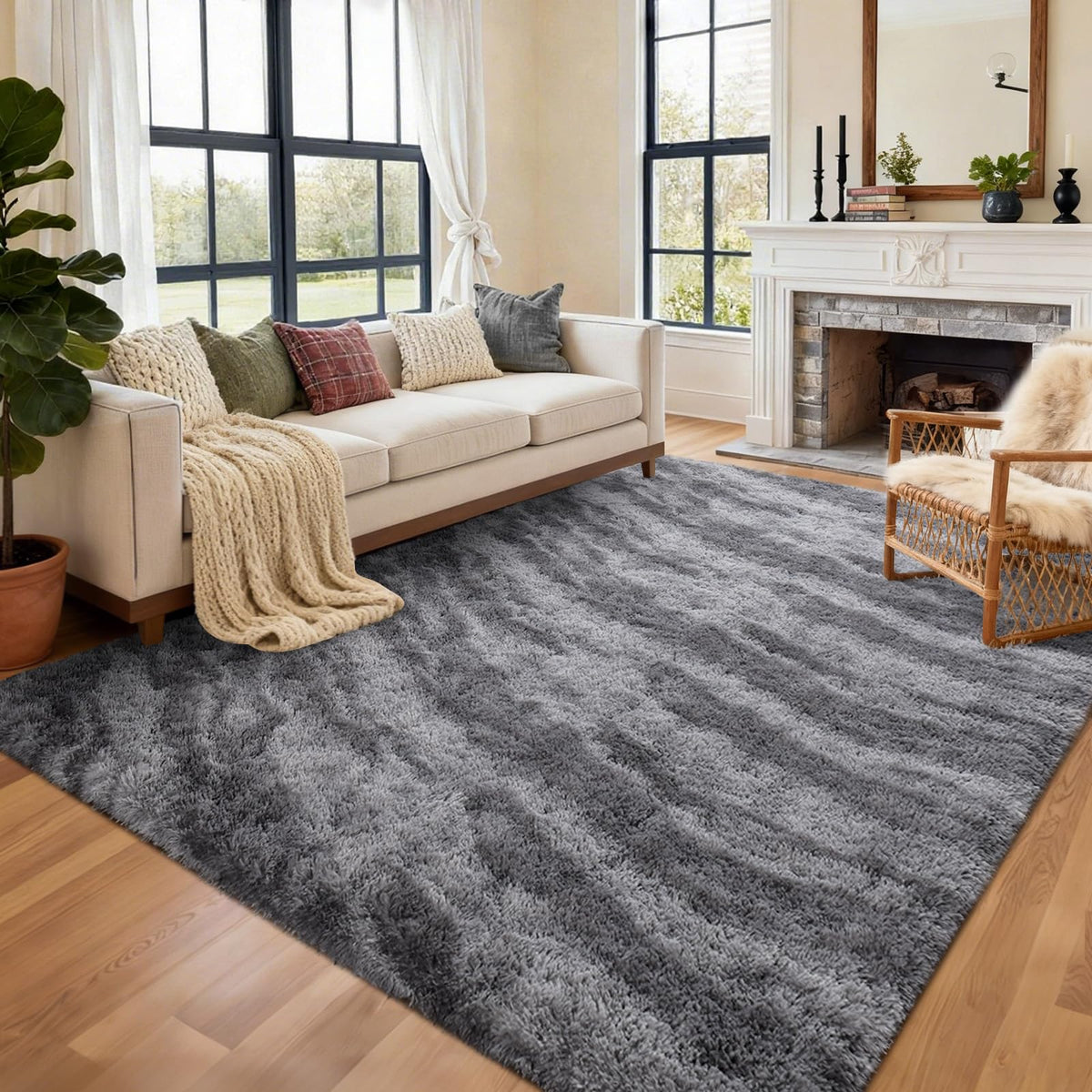 6x9 Ft Large Shag Rugs for Living Room Decor, Tie-Dyed Ultra Soft Fluffy Furry Area Rugs for Bedroom Indoor Floor, Aesthetic Carpet for Kids Home (Dark Grey)