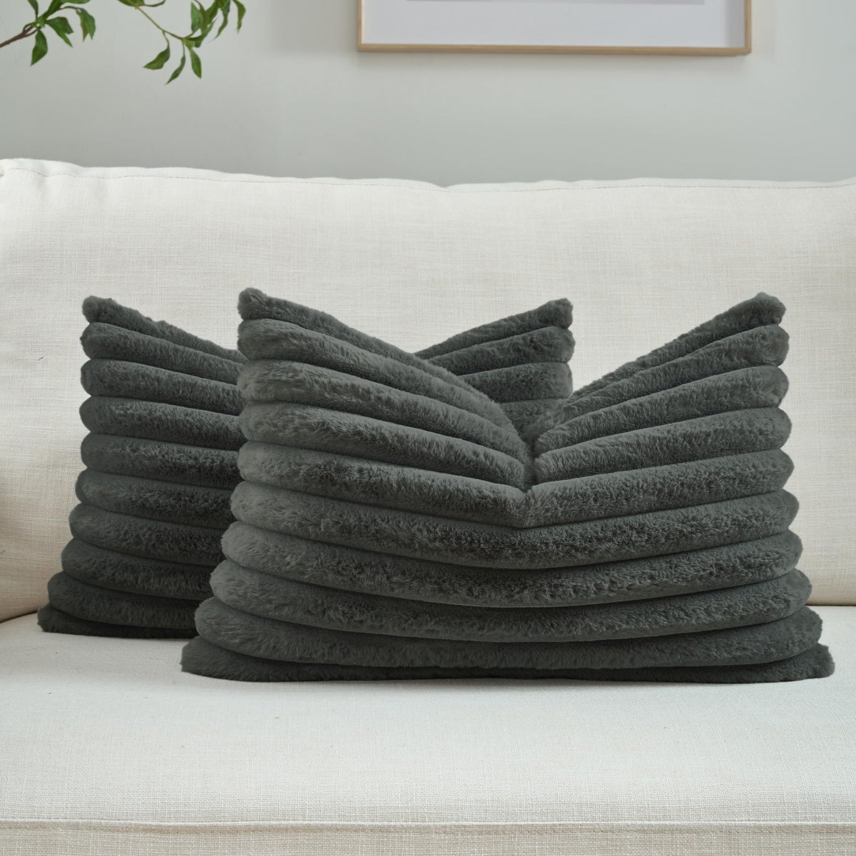 FUTEI Pack of 2 Faux Fur Throw Pillow Covers 18x18 Inch, Cream White | Fluffy Faux Rabbit Fur Front/Premium Velvet Back,Hidden Zipper,Machine Washable,Non-Shedding,Colorfast,Insert Not Included.