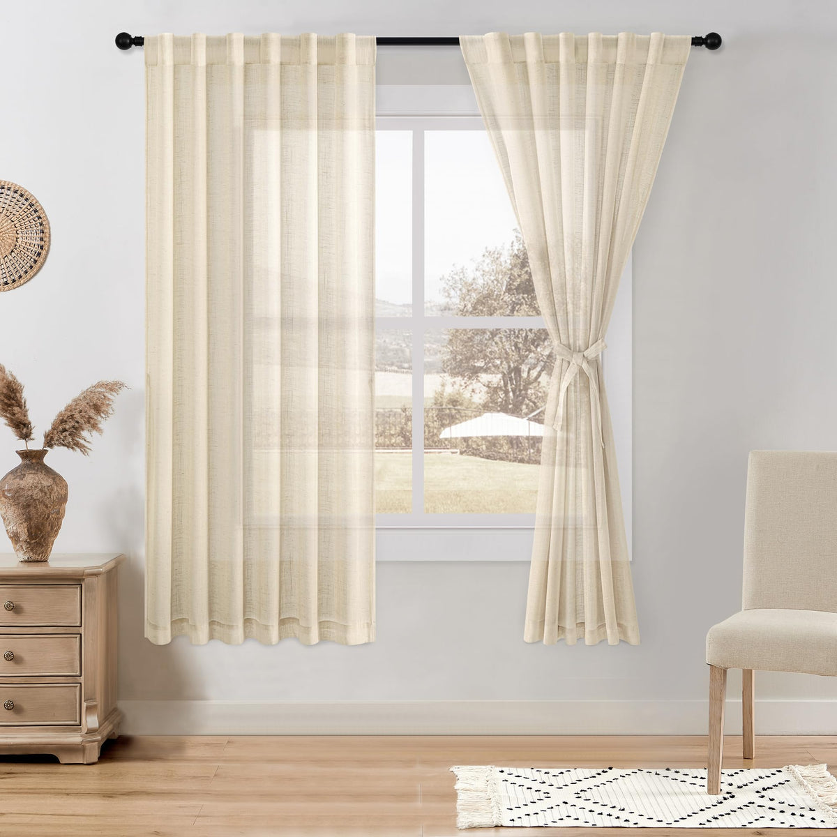DWCN White Faux Linen Sheer Curtains, 2 Panels, 52x84 Inch | Faux Linen Textured Curtains with Rod Pocket & Back Tab, Semi Voile Light Airy Gauzy Privacy Drapes for Living Room Bedroom