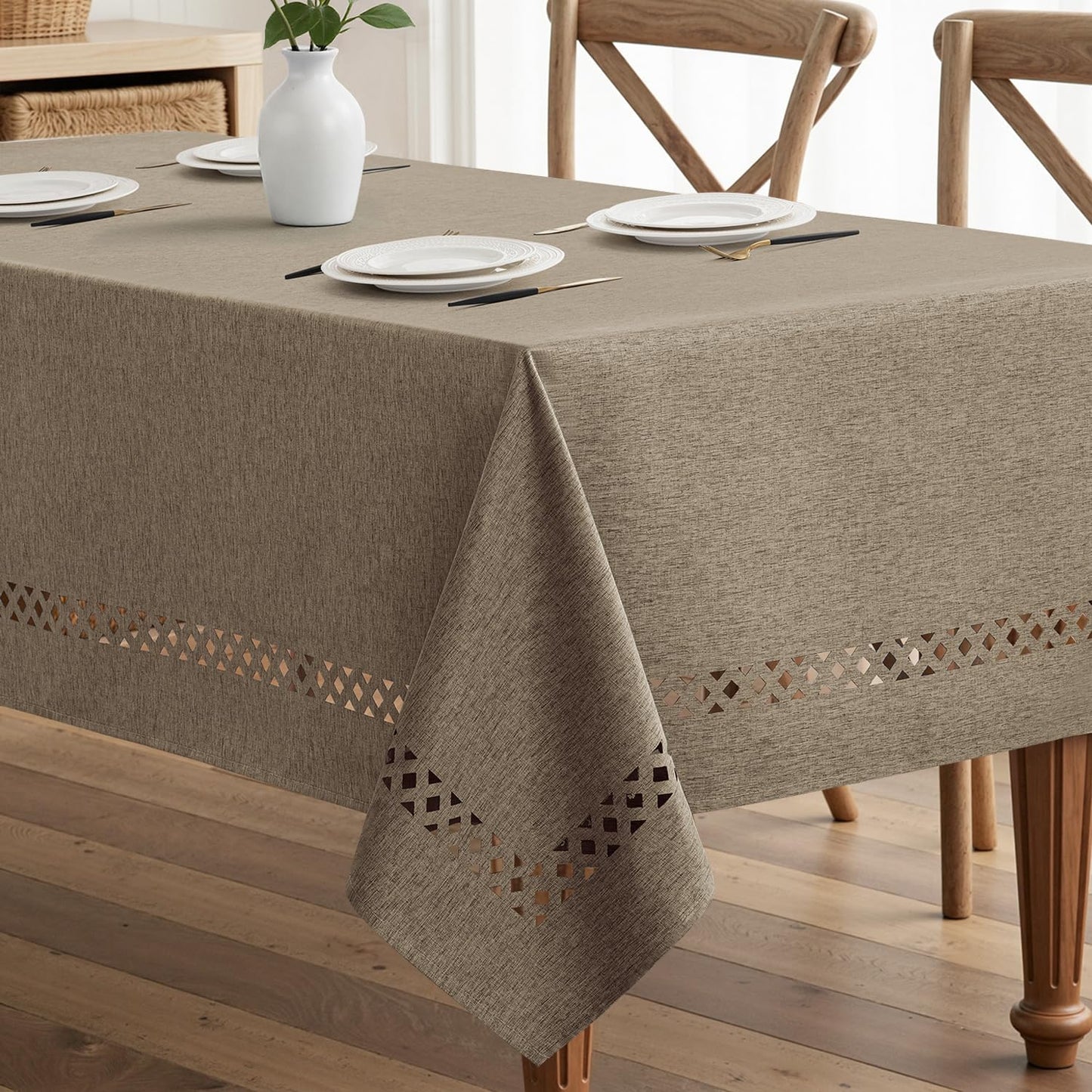 MIULEE Beige Rectangle Tablecloth with Decorative Cutouts 52x70 Inch | Waterproof Stain Resistant & Shrink-Proof Table Cloth, Farmhouse Style, for Dining Wedding Kitchen Party Outdoor