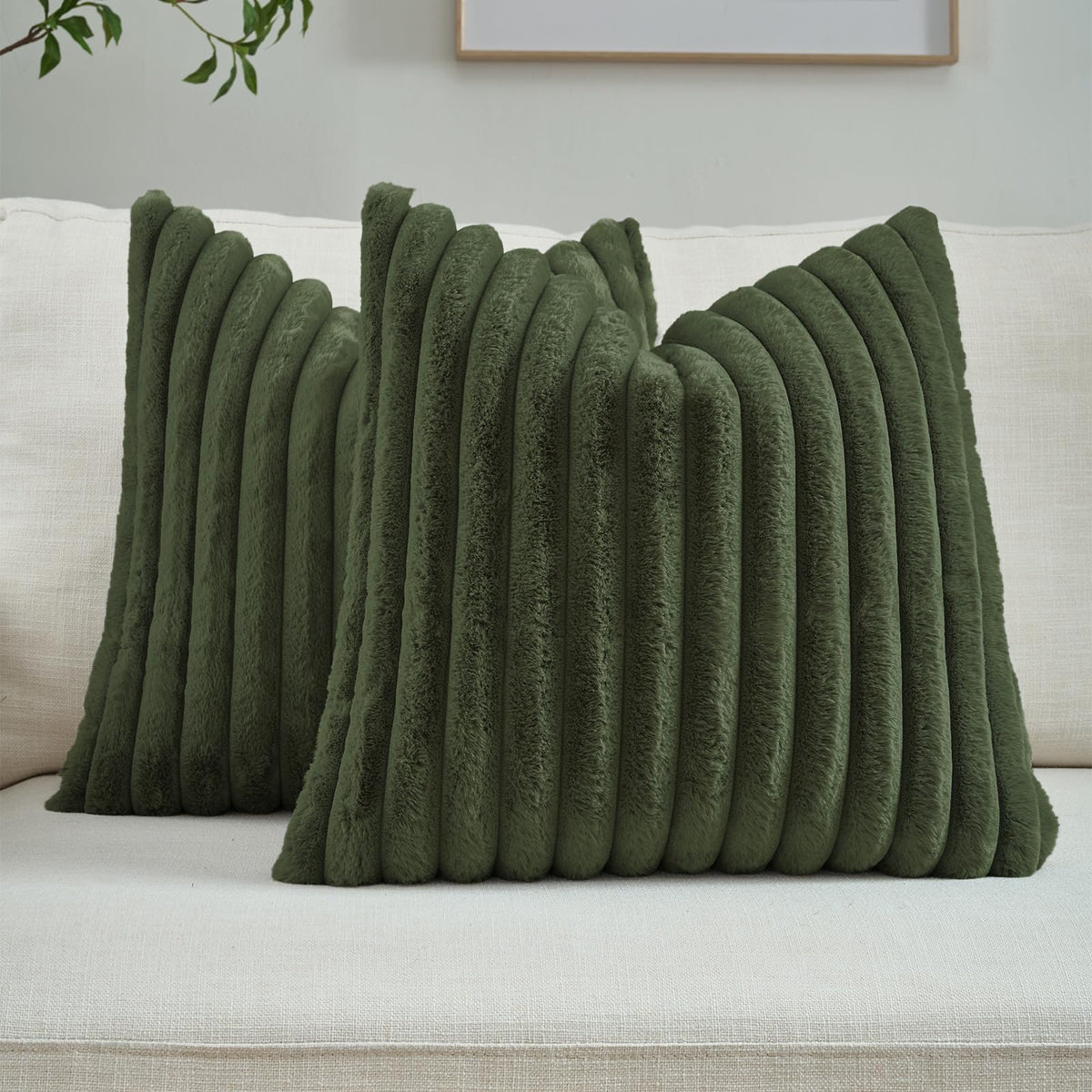 FUTEI Pack of 2 Faux Fur Throw Pillow Covers 18x18 Inch, Cream White | Fluffy Faux Rabbit Fur Front/Premium Velvet Back,Hidden Zipper,Machine Washable,Non-Shedding,Colorfast,Insert Not Included.