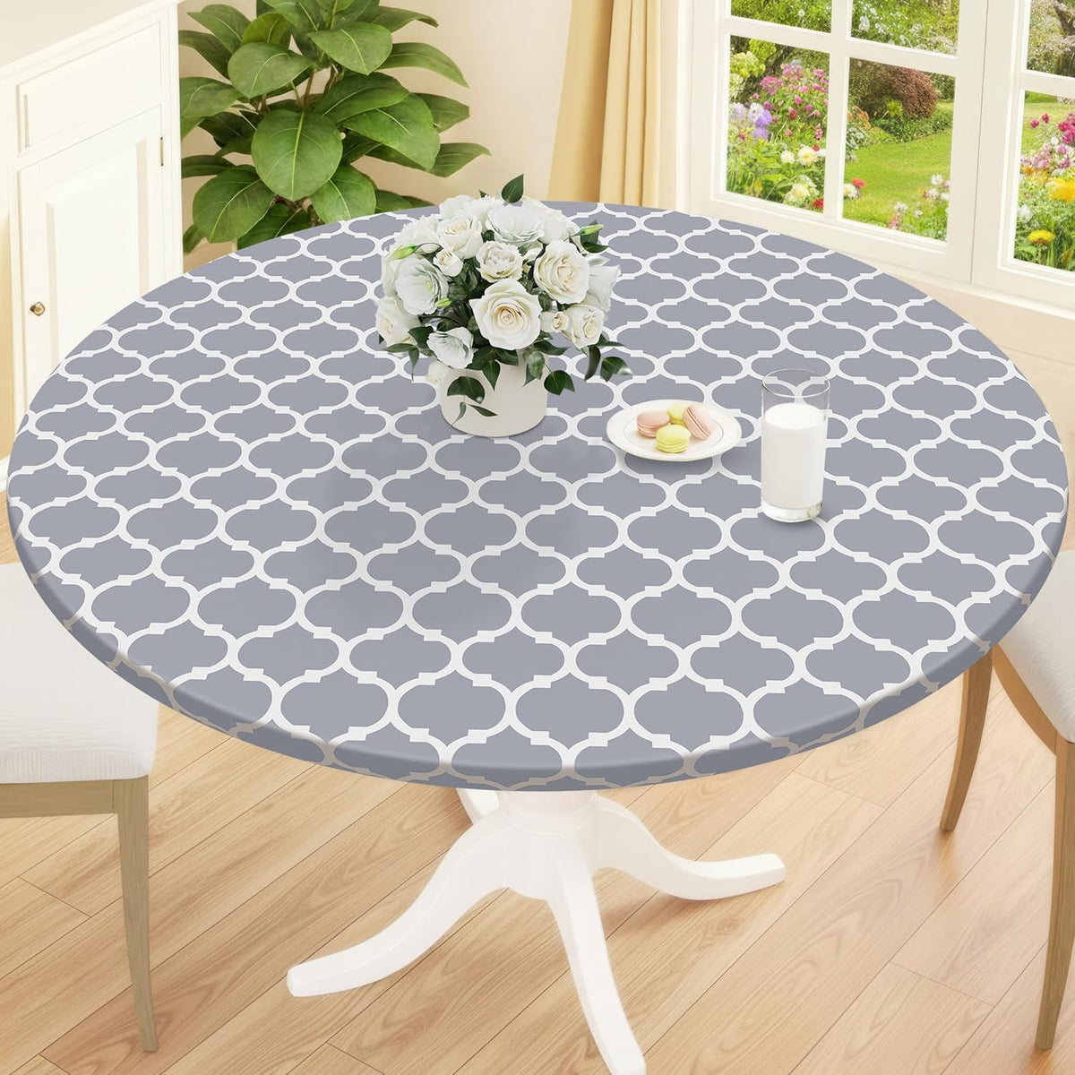 Smiry Round Picnic Tablecloth, Waterproof Elastic Fitted Table Covers for 45" - 56" Tables, Wipeable Flannel Backed Vinyl Tablecloths for Camping, Indoor, Outdoor, Grey & White