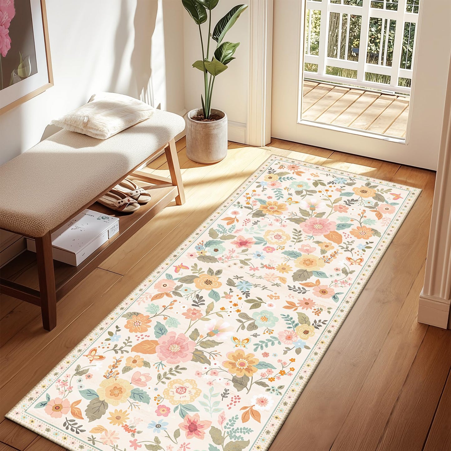 RELEANY Floral Washable 5x7 Area Rugs Black | Flower Carpet, Print, Boho, Non-Slip, Easy to Clean, Soft, Low Pile for Living Room Bedroom Kitchen Office Entryway Hallway