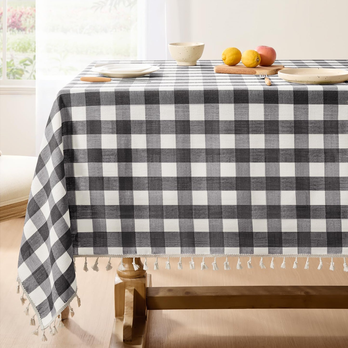 Softalker Outdoor Checkered Tablecloth, Linen Cotton Gingham Table Cloths for 6 Foot Rectangle Tables with Tassel, Heavy Duty Wrinkle Free Plaid Table Cover for Picnic Camping - 55 x 84 Inch, Sage