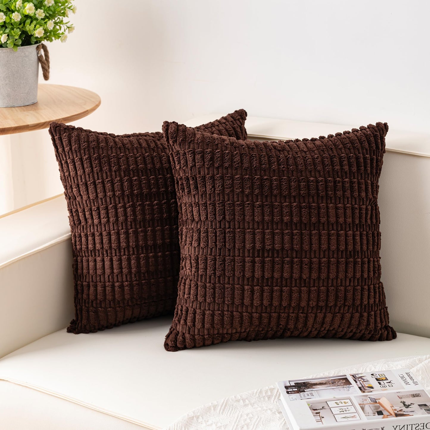 Pack of 2 Corduroy Decorative Throw Pillow Covers 18x18 Inch, Cream White | Fall Soft Striped Pillow Covers Modern Farmhouse Home Decor Christmas Throw Pillow Covers for Sofa Living Room Couch Bed ﻿