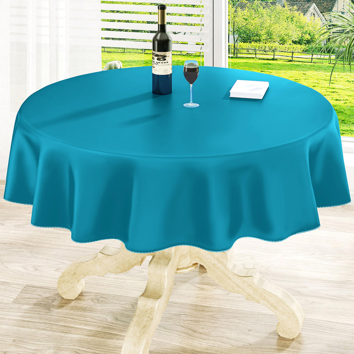 Round Navy Blue Vinyl Waterproof Tablecloth with Flannel Backed | Spillproof Wipe Clean Table Cloth, Plastic Flannel Backing for Dining, Buffet Parties Picnic Camping, 60"