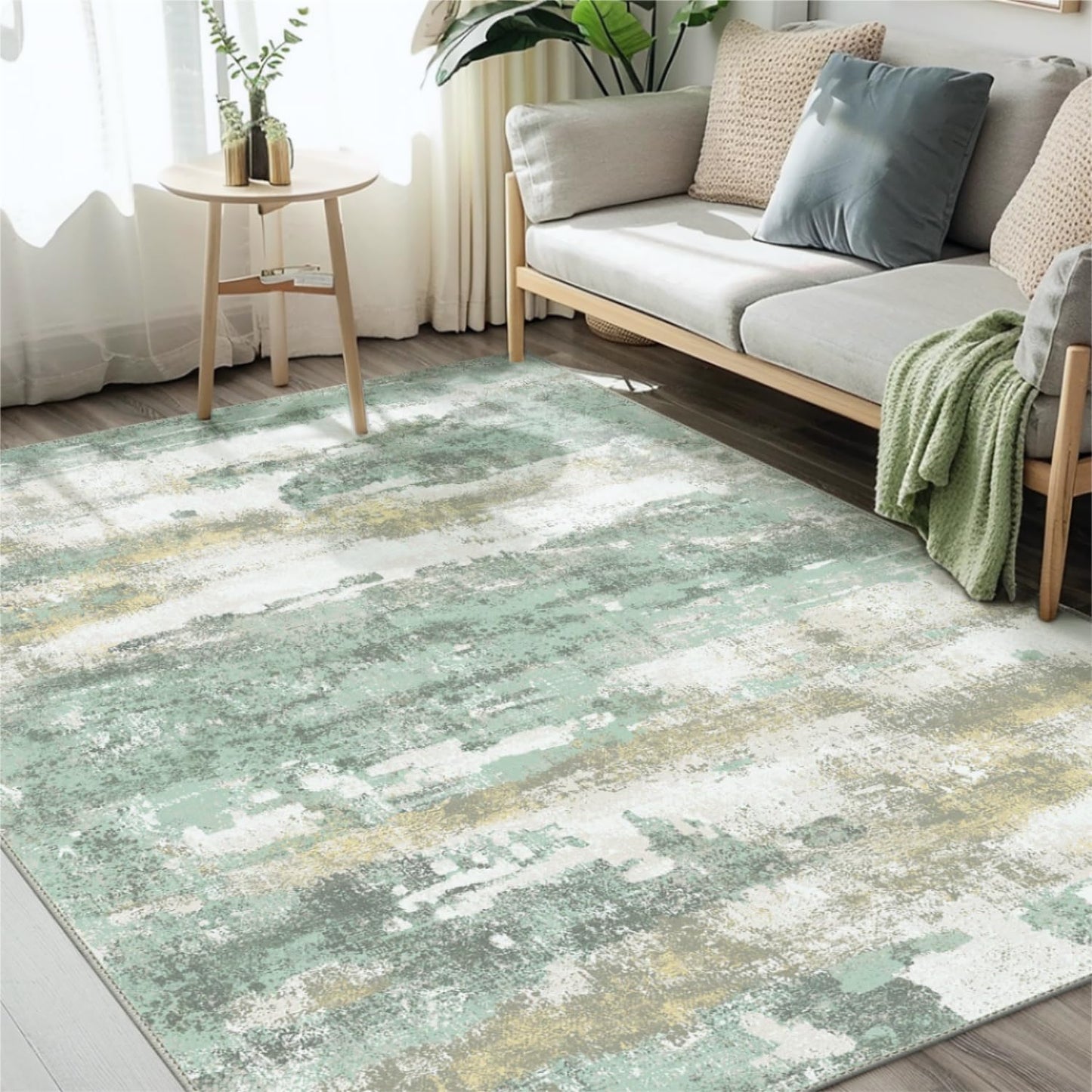 BEIMO 5x7 Green Abstract Area Rug, Washable Non-Slip for Bedroom | Soft Low-Pile Carpet, Lightweight and Easy to Vacuum, Sage Living Rooms, Dining Rooms, Bedrooms, and Home Offices