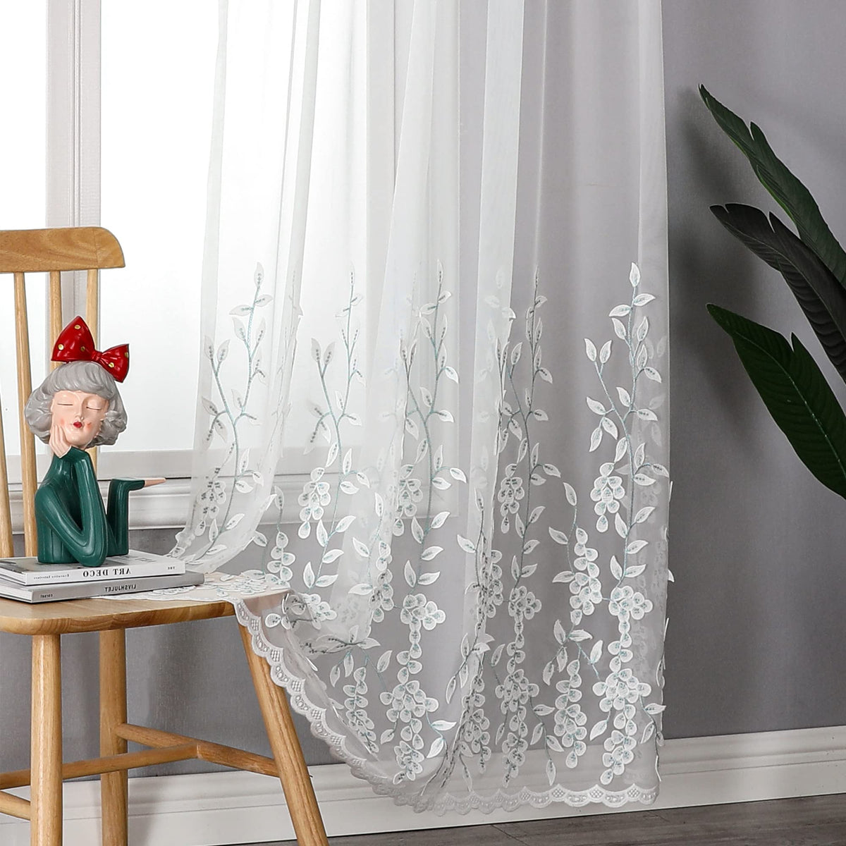 Sheer Curtains Boho Leaf Floral Embroidered Cream Beige 54Wx84L | Light Filtering Semi Sheer Voile Curtains With Design, Rod Pocket Window Drapes for Bedroom Living Room 2 Panels