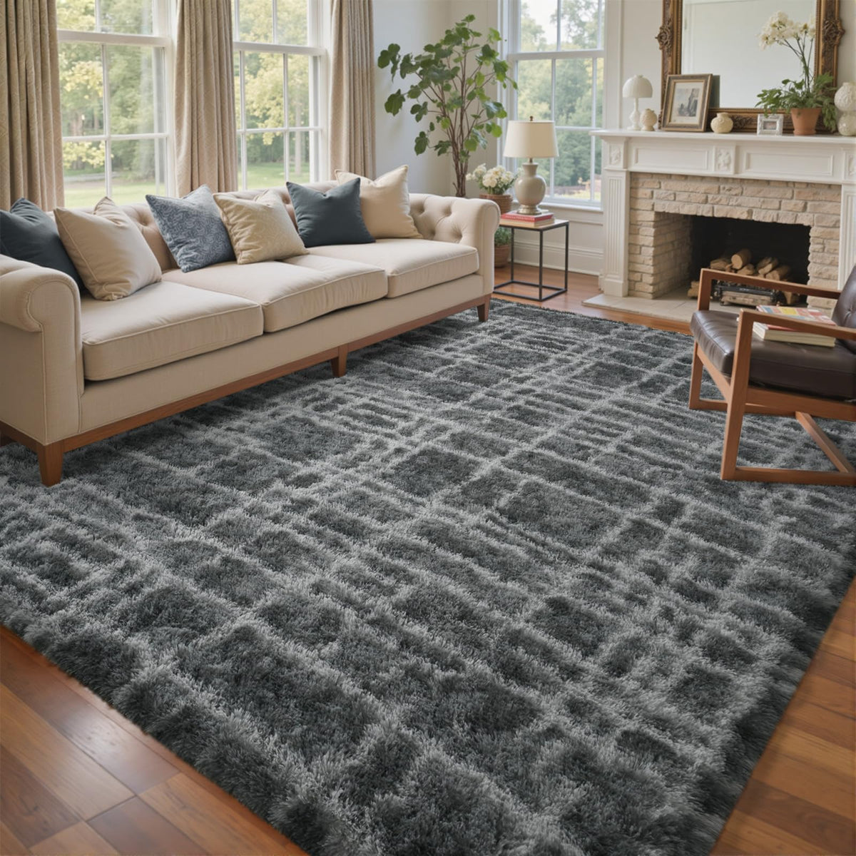 6x9 Ft Large Shag Rugs for Living Room Decor, Tie-Dyed Ultra Soft Fluffy Furry Area Rugs for Bedroom Indoor Floor, Aesthetic Carpet for Kids Home (Dark Grey)