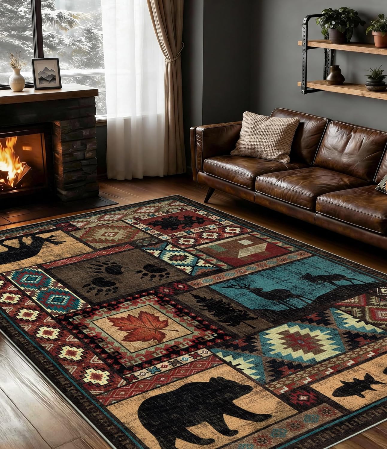Rustic Cabin Area Rug 5x7,Machine Washable Lodge Bear Rug,Non-Slip Low Pile Print Pattern Southwestern Rug for Living Room Bedroom
