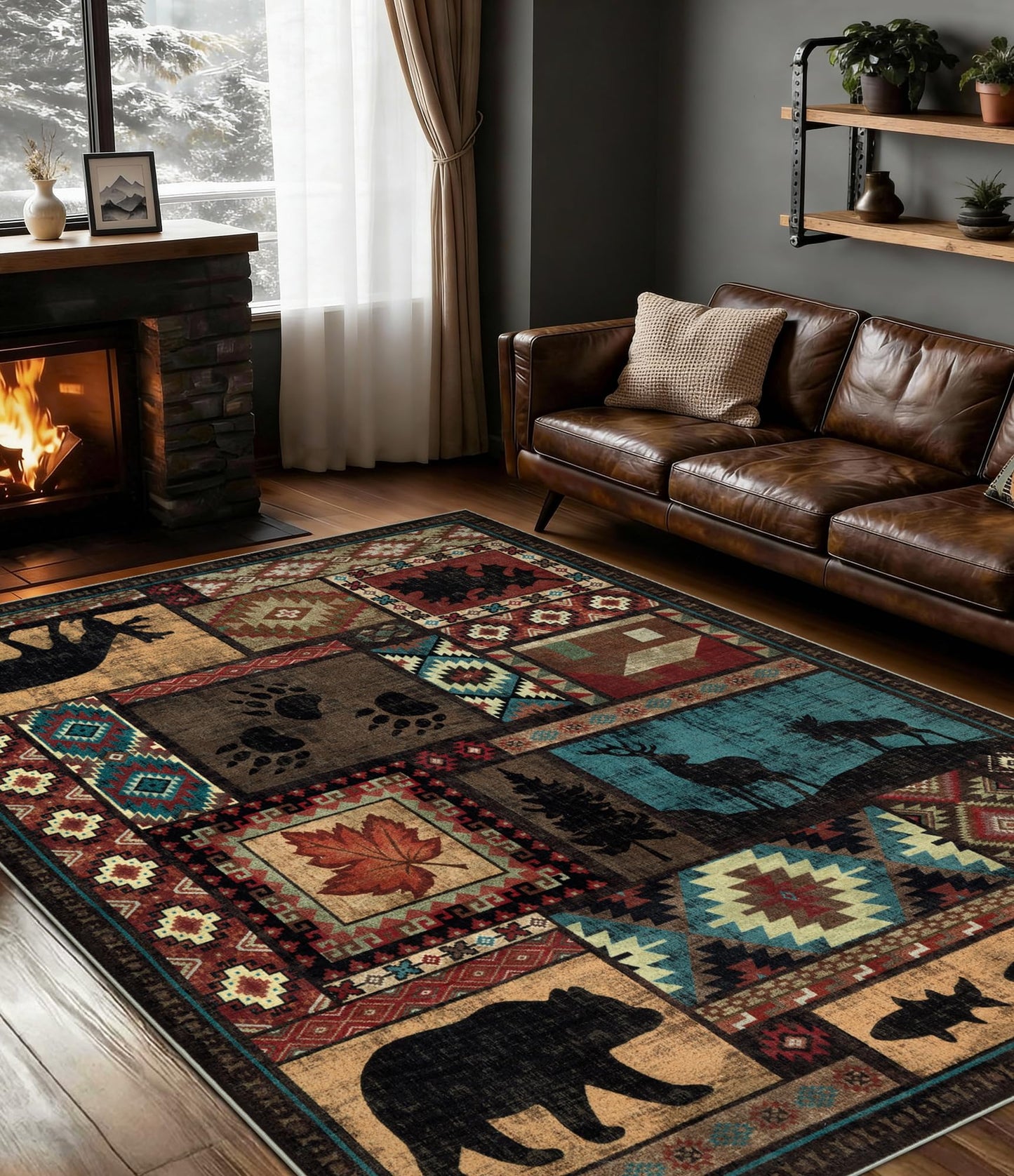 Rustic Cabin Area Rug 5x7,Machine Washable Lodge Bear Rug,Non-Slip Low Pile Print Pattern Southwestern Rug for Living Room Bedroom