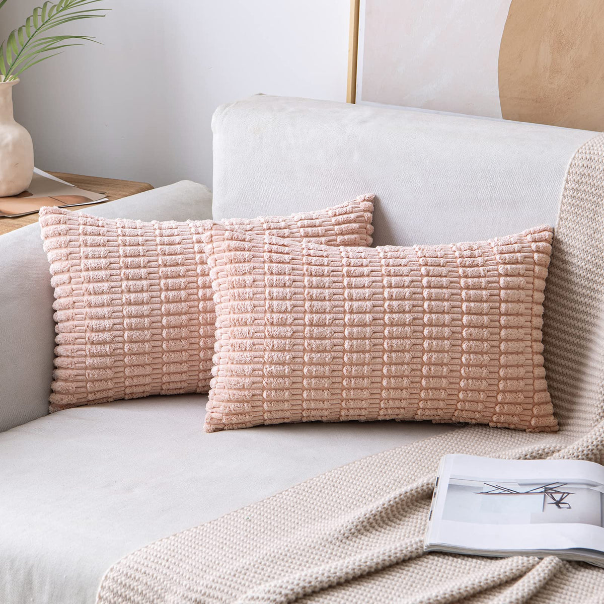 MIULEE Corduroy Decorative Throw Pillow Covers 18x18 Cream White Pack of 2 | Soft Boho Striped Pillow Covers Modern Farmhouse Home Decor For Sofa Living Room Couch Bed