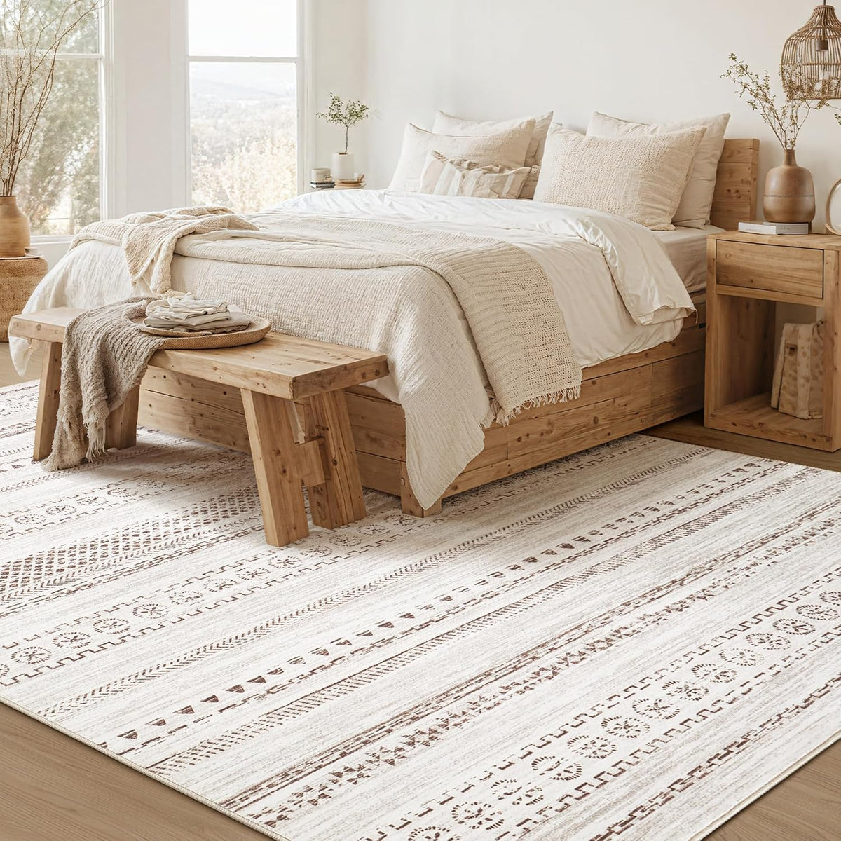 kakania 9x12 Washable Area Rug: Non Slip Soft Thin Carpet, Boho Geometric Modern Decor, Easy Clean Indoor Floor Large Rugs for Living Room Bedroom Kids Dorm Office Dining - Brown