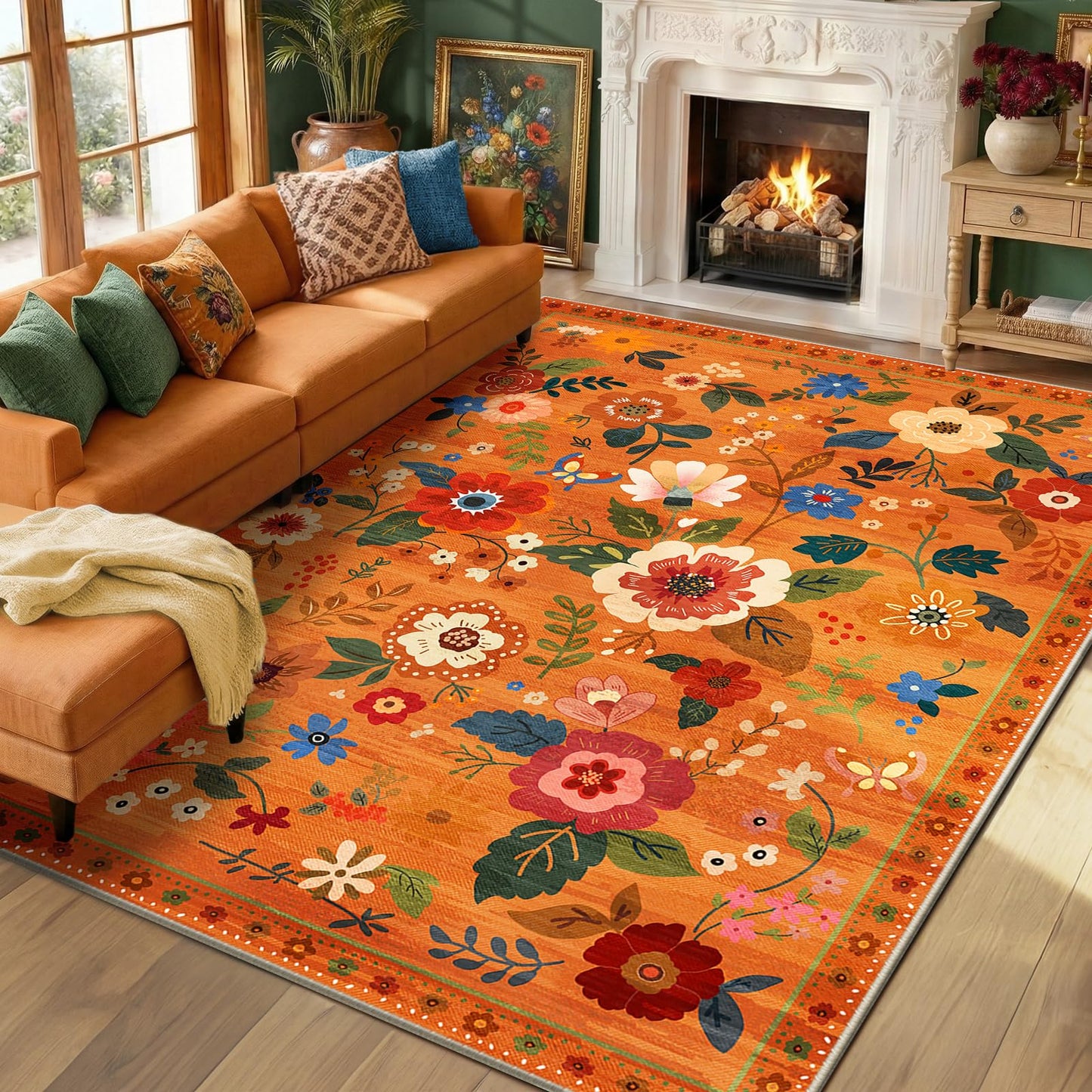 RELEANY Floral Washable 5x7 Area Rugs Black | Flower Carpet, Print, Boho, Non-Slip, Easy to Clean, Soft, Low Pile for Living Room Bedroom Kitchen Office Entryway Hallway
