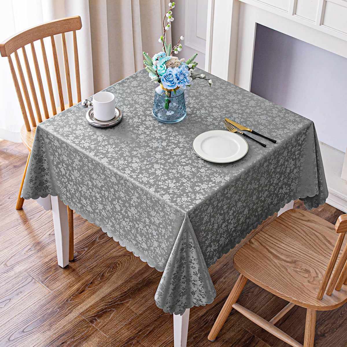 Smiry Rectangle Waterproof Heavy Duty Vinyl Tablecloths, 60 x 84 Inch | Wipeable Washable Floral Embossed Table Cover for Kitchen and Dining Room, Indoor & Outdoor Use, Beige