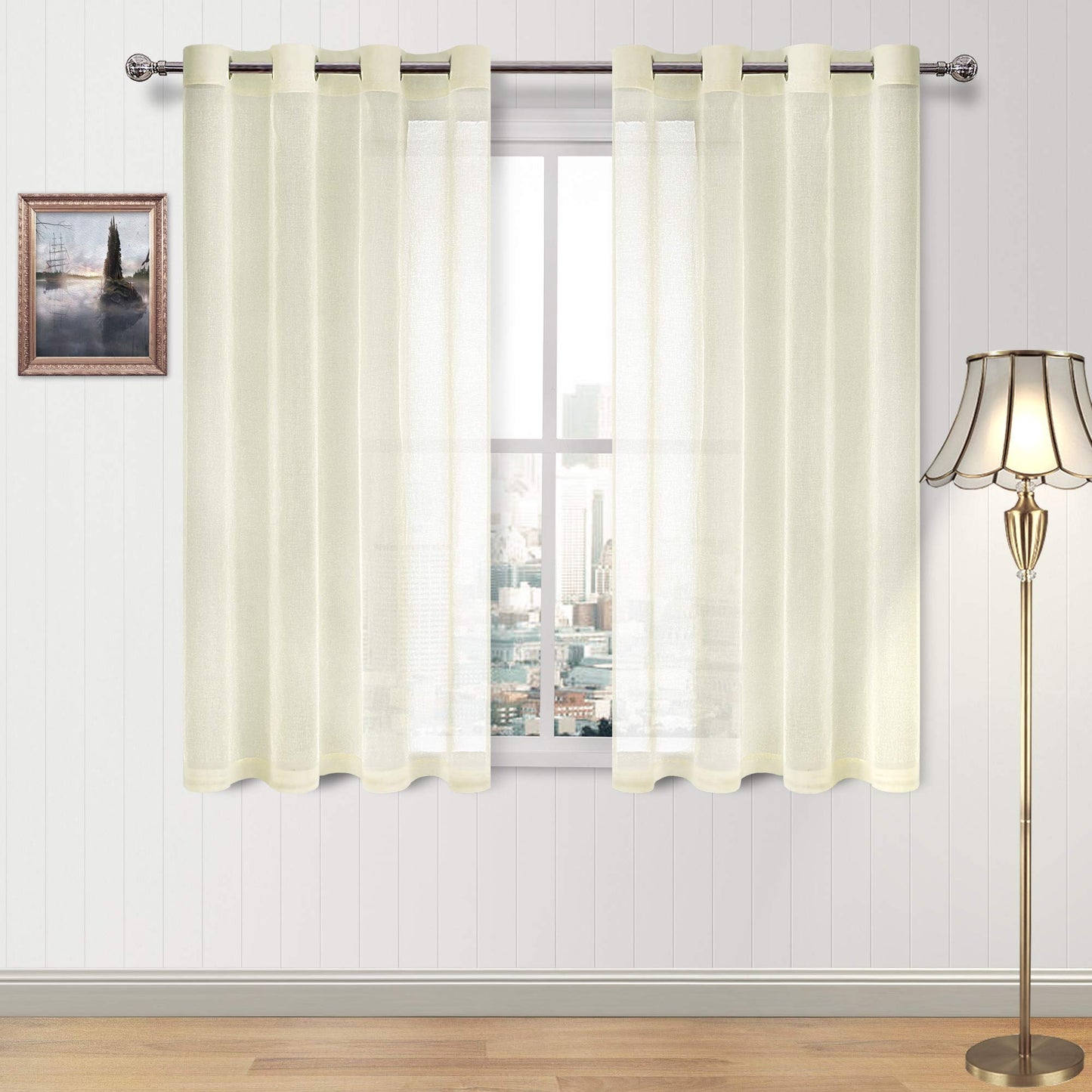 DWCN White Sheer Curtains Linen Look Semi Transparent Voile Grommet White Curtains for Living Dining Room Drapes 52 x 84 Inch Long, Set of 2 Panels