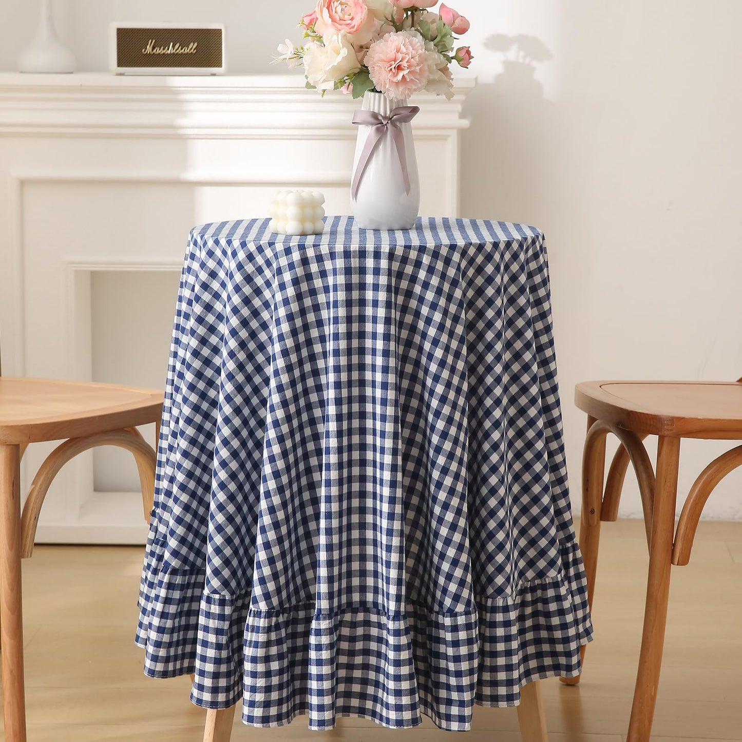 Blush White Gingham Ruffled Table Cloth Rectangular 120“x60” | 100% Washed Cotton, for Seat 8-10, Buffet Picnic Baby Shower Party Tablecloth, Decorative Checker Plaid Farmhouse Table Cover
