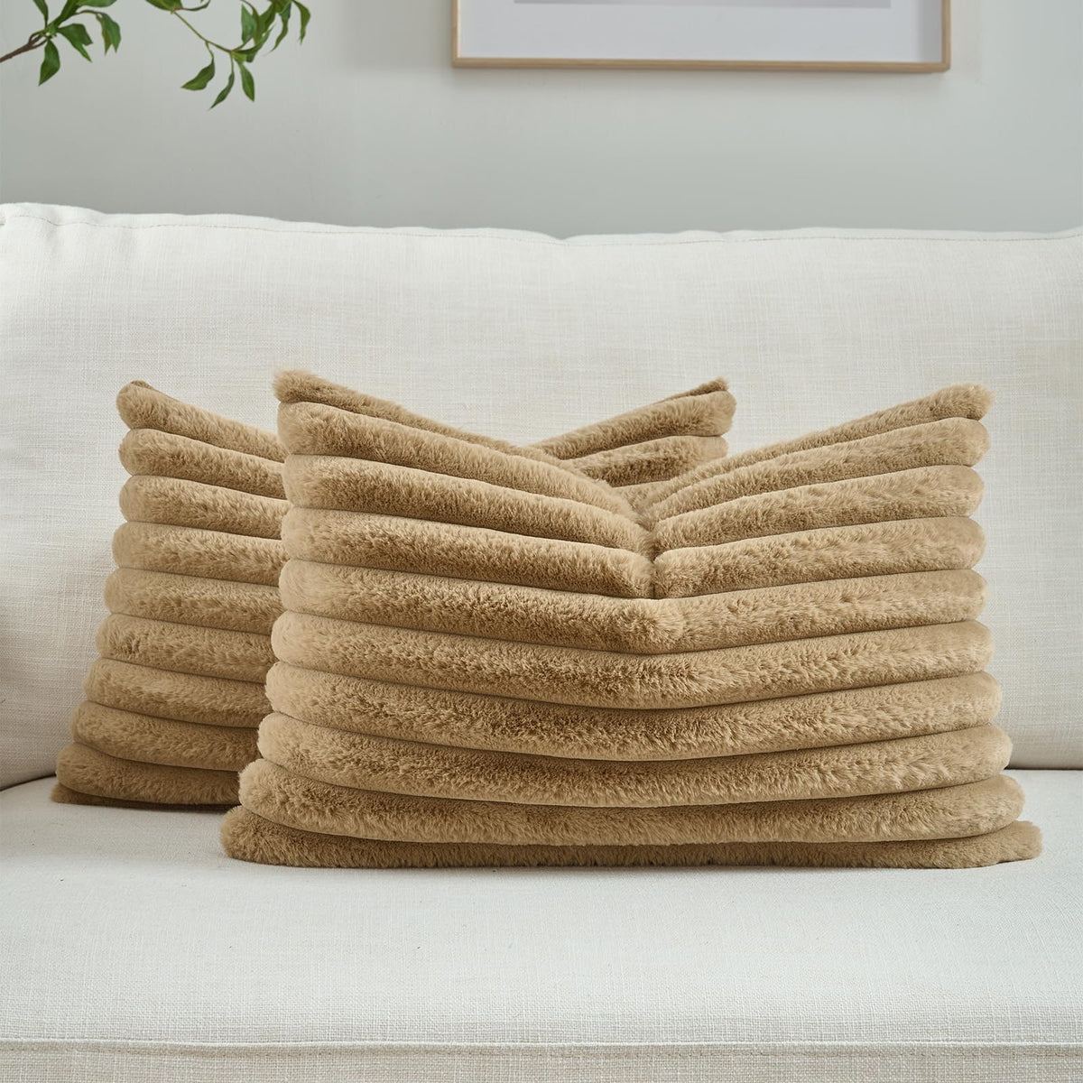 FUTEI Pack of 2 Faux Fur Throw Pillow Covers 18x18 Inch, Cream White | Fluffy Faux Rabbit Fur Front/Premium Velvet Back,Hidden Zipper,Machine Washable,Non-Shedding,Colorfast,Insert Not Included.