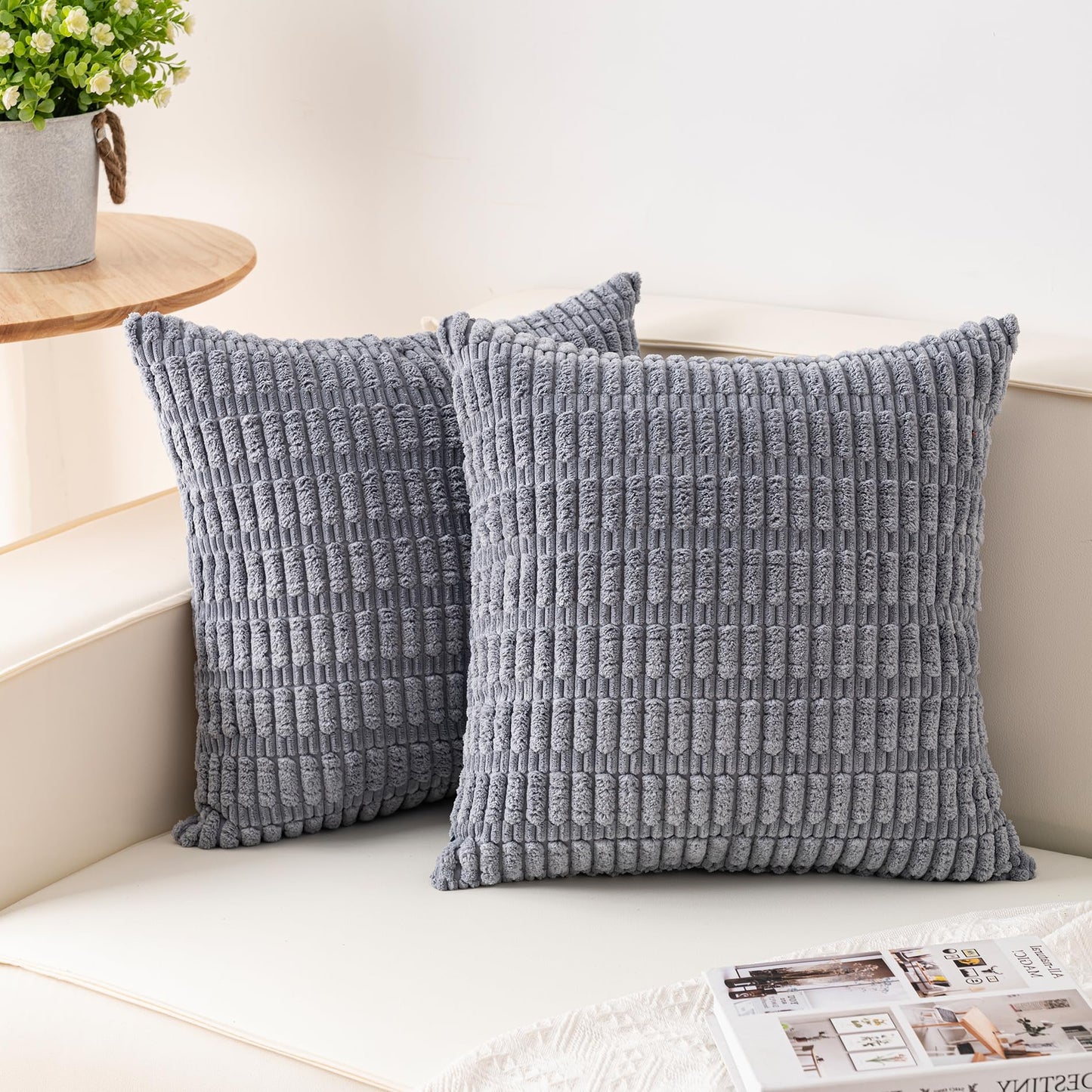 Pack of 2 Corduroy Decorative Throw Pillow Covers 18x18 Inch, Cream White | Fall Soft Striped Pillow Covers Modern Farmhouse Home Decor Christmas Throw Pillow Covers for Sofa Living Room Couch Bed ﻿