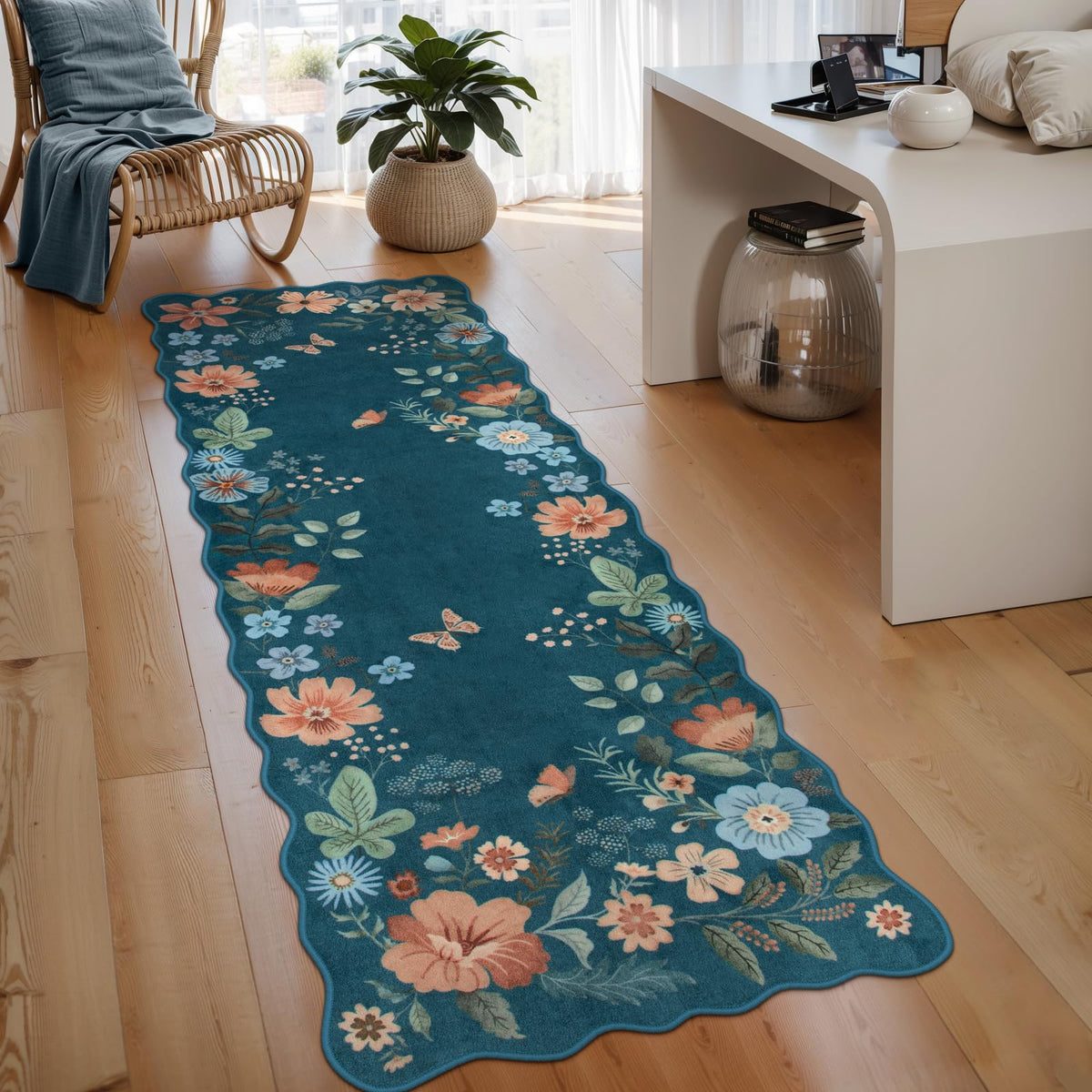 Lahome Floral Washable Living Room Rug, 5x7 Area Rugs for Bedroom Soft | Dining Room Rug Ultra-Thin Non Slip Stain Resistant Boho Low-Pile Throw Carpet for Office Flore (5x7ft, Beige)