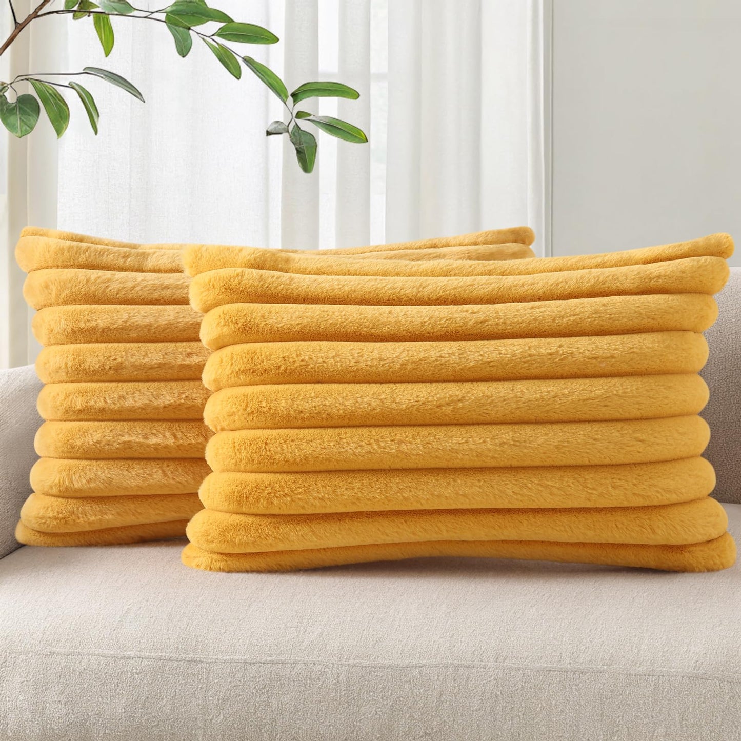 Pallene Faux Fur Decorative Throw Pillow Covers 18x18 Set of 2, Cream White | Luxury Plush Texture, Striped Design, Cozy Soft Touch, Modern Home Accent Decor for Couch, Sofa, Bed, Living Room