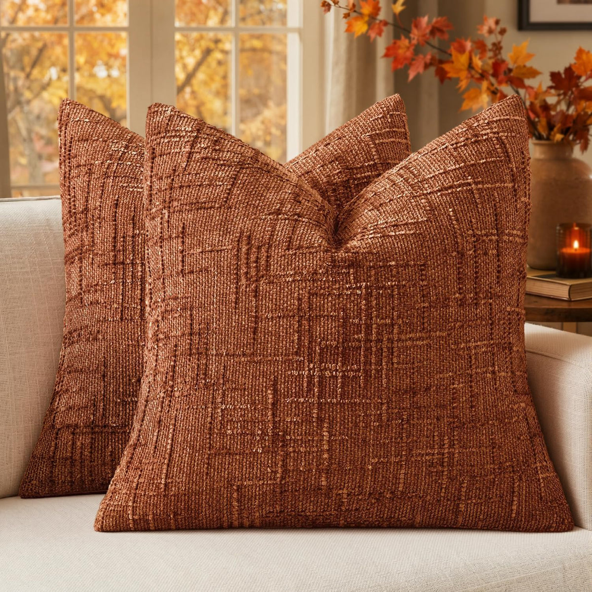MIULEE Chenille Textured Throw Pillow Covers Cream White 18x18 Set of 2 | Slubby Decorative Pillows, Boho Farmhouse Home Decor, Modern Neutral Cushion Covers for Couch Sofa Bed Living Room