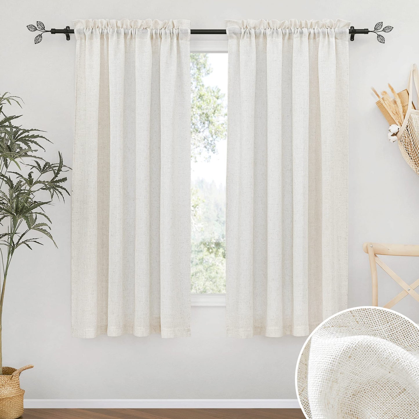 RYB HOME White Semi Sheer Curtains 84 inches Long for Living Room | Half Privacy, Linen Textured, Sheer Light Filtering, Vertical Window Drapes, for Bedroom Dining, White, W52 x L84, 2 Panels