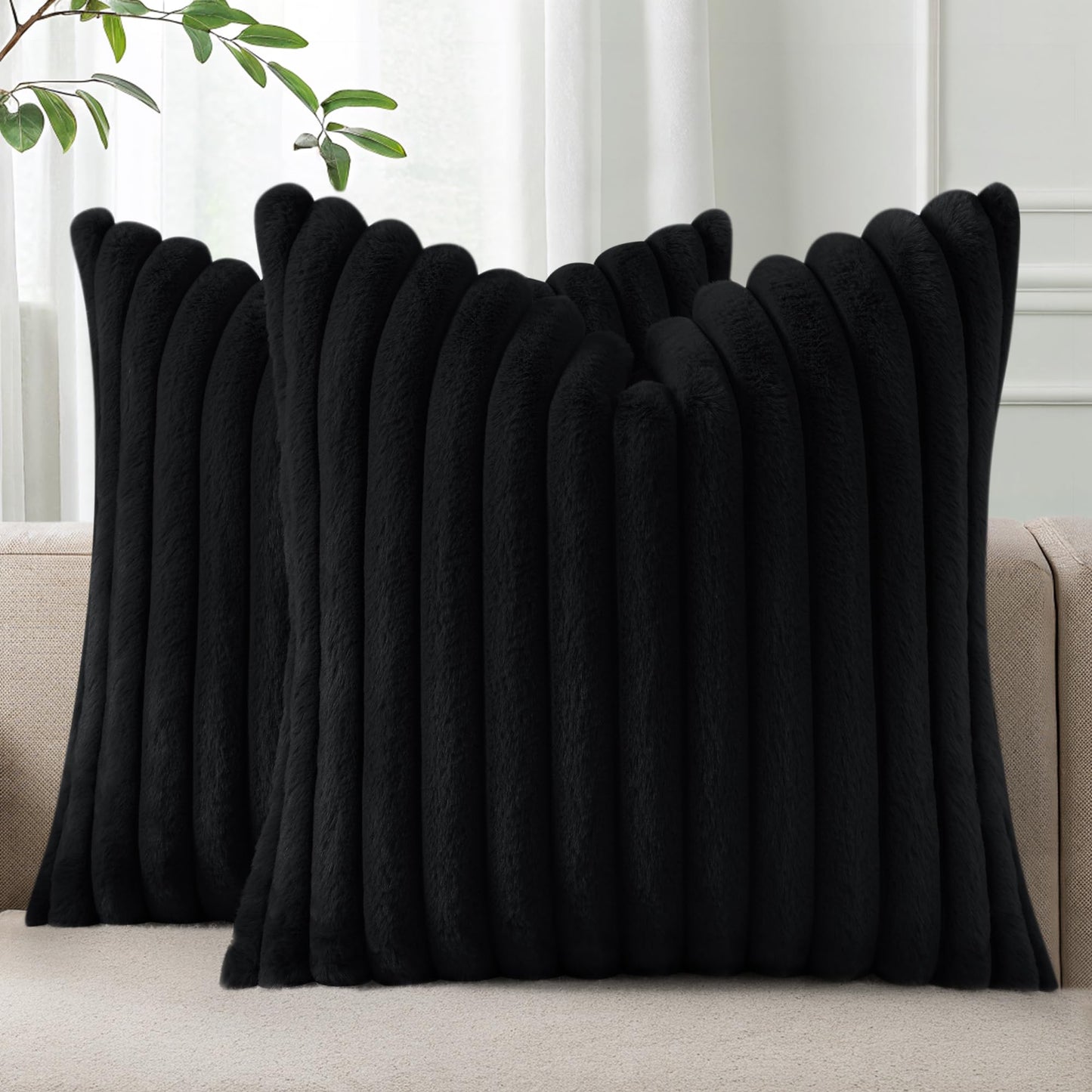 Pallene Faux Fur Decorative Throw Pillow Covers 18x18 Set of 2, Cream White | Luxury Plush Texture, Striped Design, Cozy Soft Touch, Modern Home Accent Decor for Couch, Sofa, Bed, Living Room