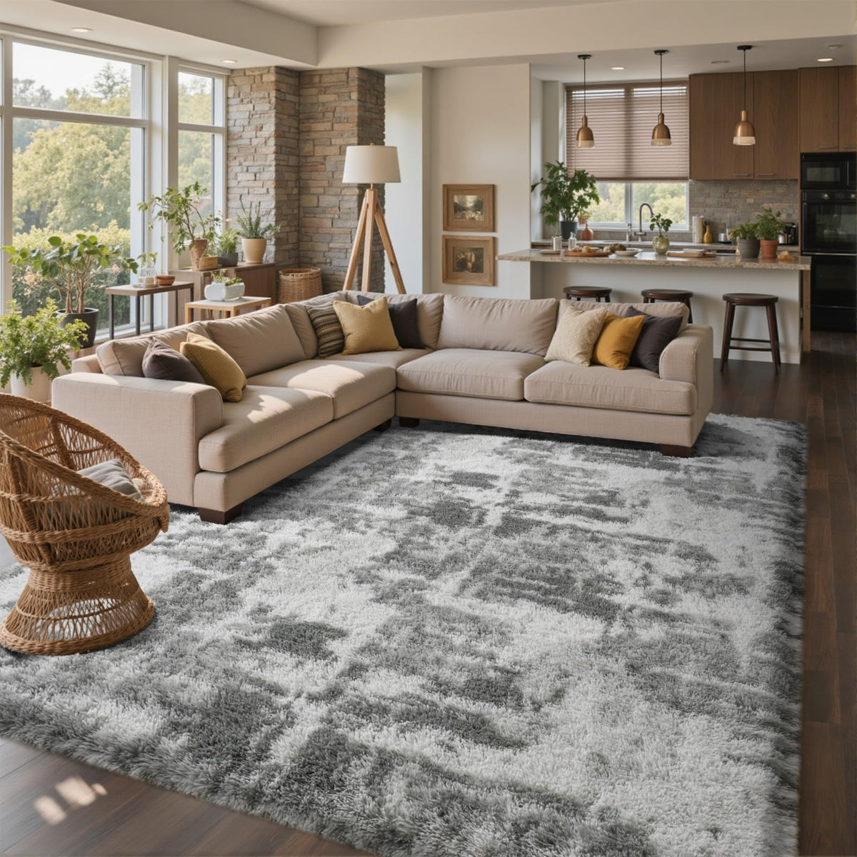 6x9 Ft Large Shag Rugs for Living Room Decor, Tie-Dyed Ultra Soft Fluffy Furry Area Rugs for Bedroom Indoor Floor, Aesthetic Carpet for Kids Home (Dark Grey)