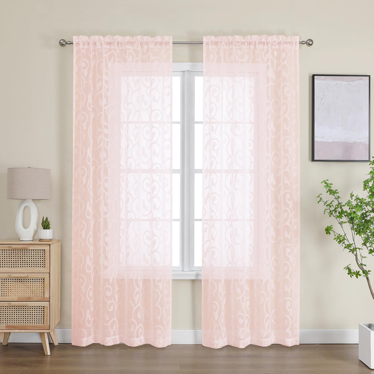 Furman Ivory Sheer Curtains 84 inches Long for Bedroom Living Room 2 Panels Set, Jacquard Clip Light Filtering Semi Sheer Curtain Rod Pocket Window Drapes, 2 Pcs Each 40 W 84 L