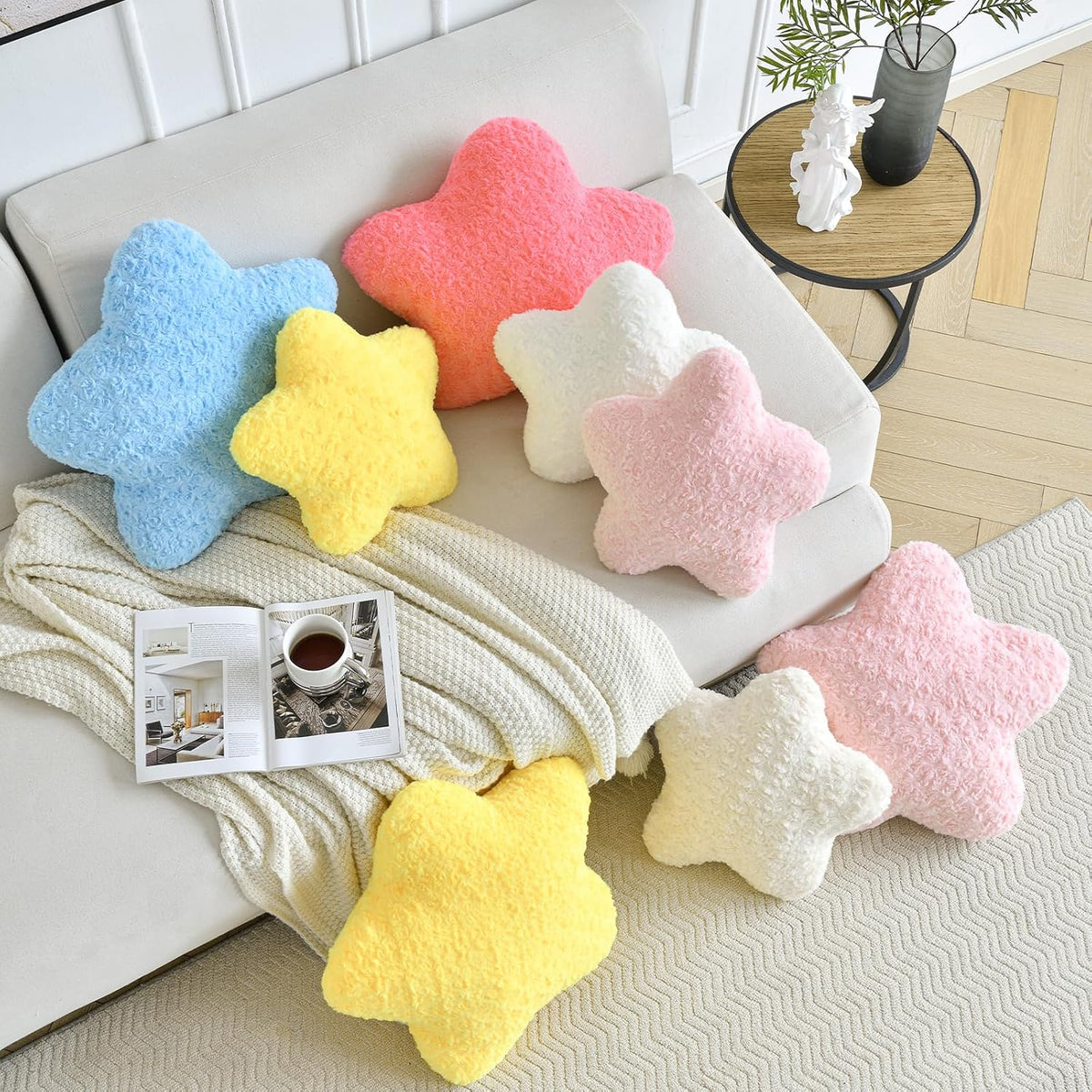 Star Pillow, 14.9" Star Shaped Plush Pillow for Couch Bed Sofa, Cute Decorative Throw Pillows with Soft Faux Fur Room Decor for Bedroom Living Room (White)