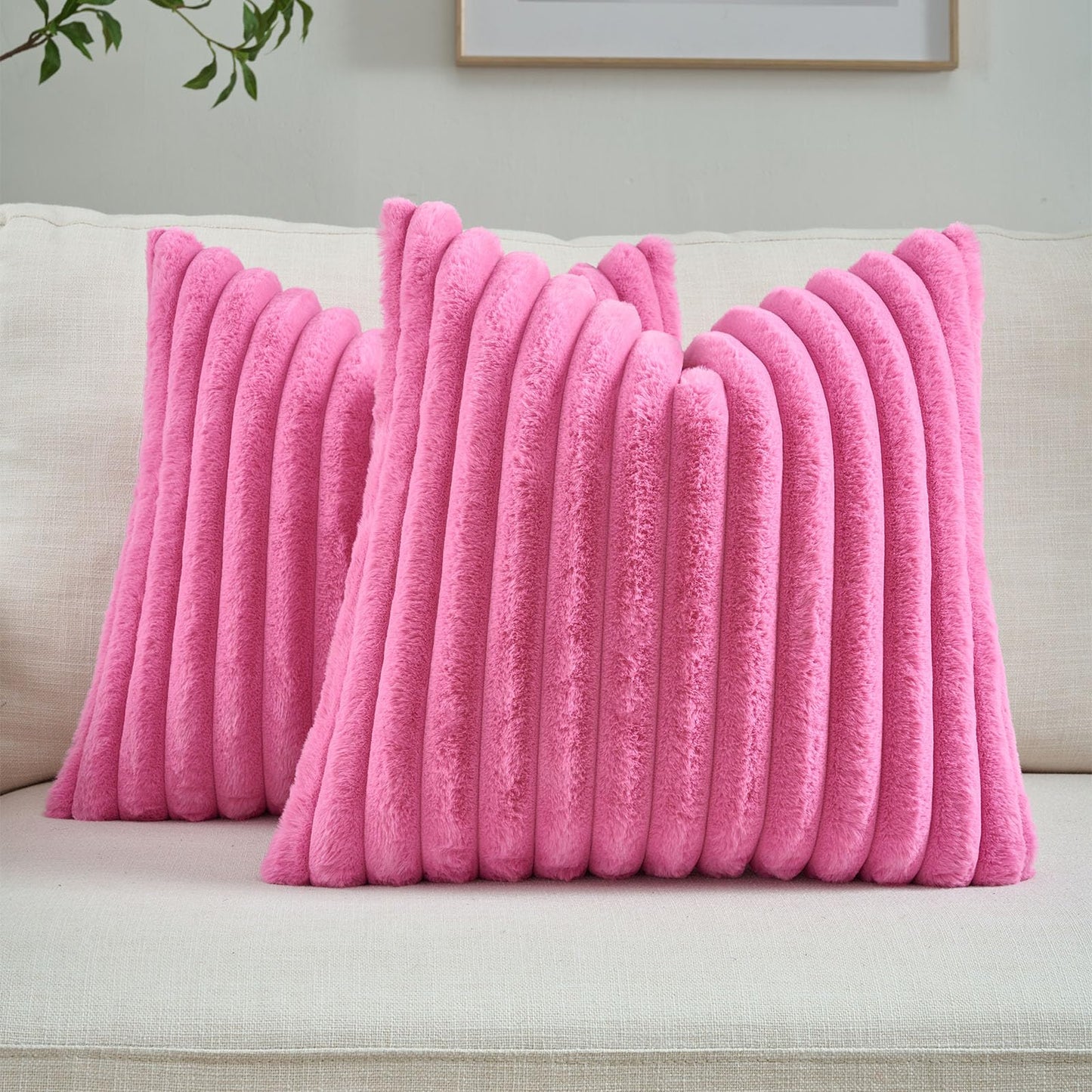 FUTEI Pack of 2 Faux Fur Throw Pillow Covers 18x18 Inch, Cream White | Fluffy Faux Rabbit Fur Front/Premium Velvet Back,Hidden Zipper,Machine Washable,Non-Shedding,Colorfast,Insert Not Included.