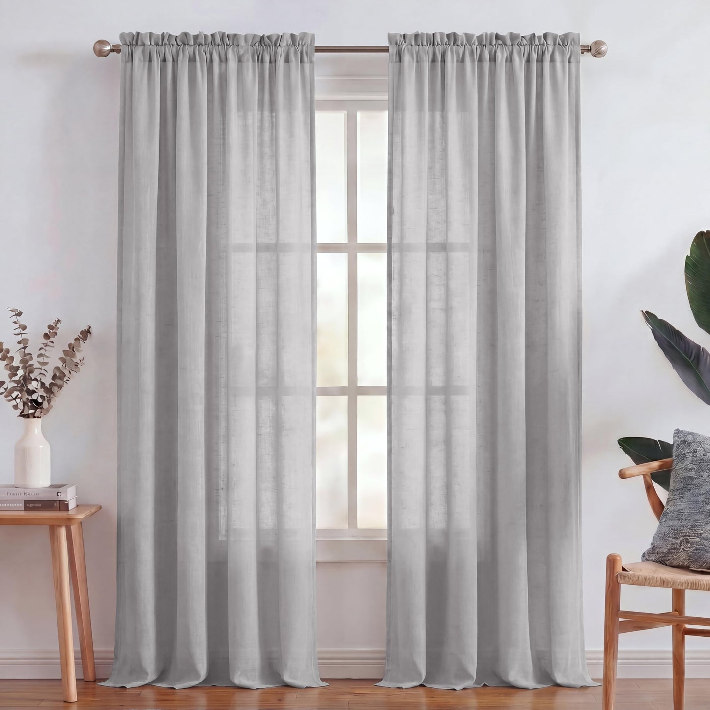 Turquoize White Linen Curtains 96 Inches Long Semi Sheer Curtains Light Filtering Linen Drapes for Living Room/Bedroom 2 Panels Set Rod Pocket Window Treatments Panels,W52 x L96, White