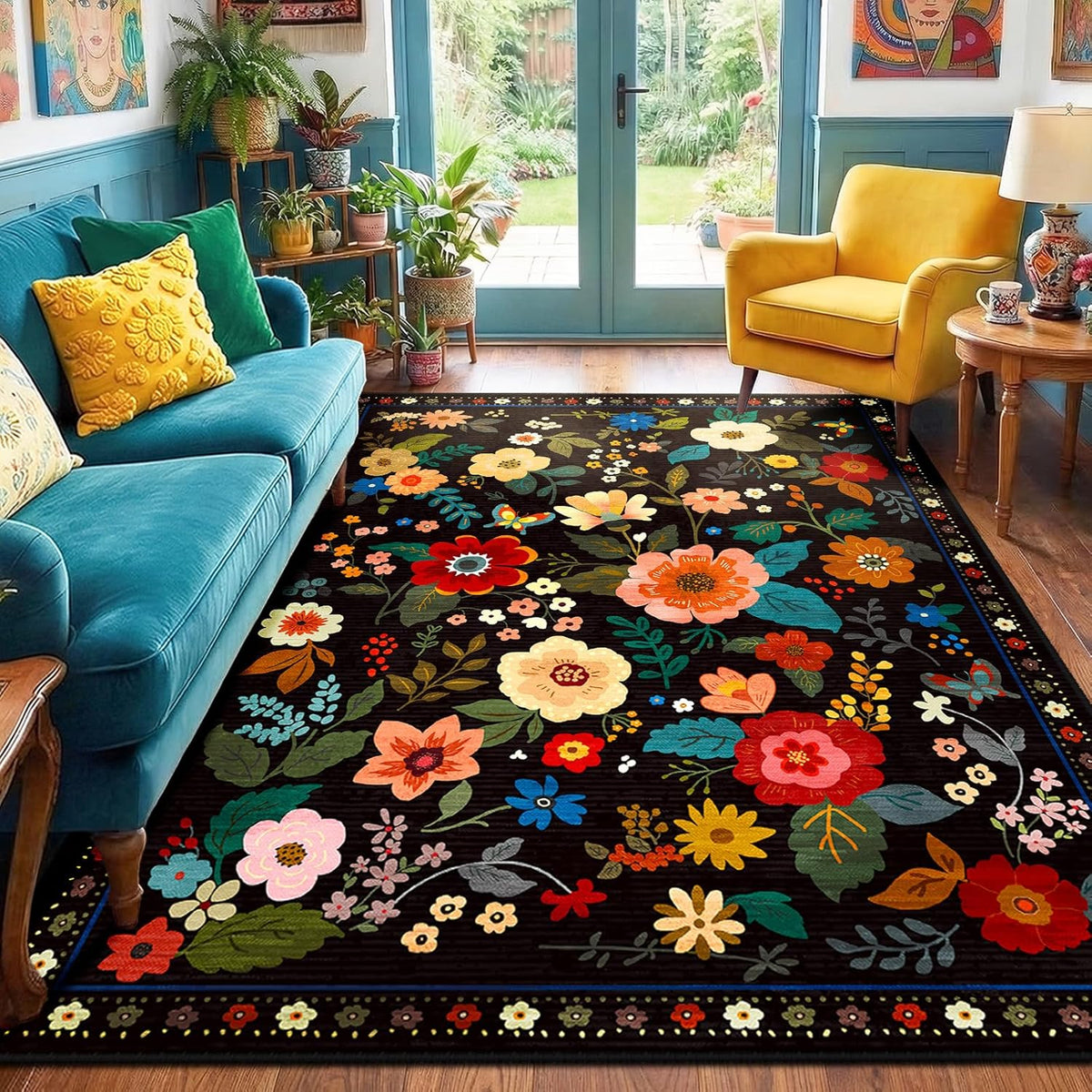 RELEANY Floral Washable 5x7 Area Rugs Black | Flower Carpet, Print, Boho, Non-Slip, Easy to Clean, Soft, Low Pile for Living Room Bedroom Kitchen Office Entryway Hallway
