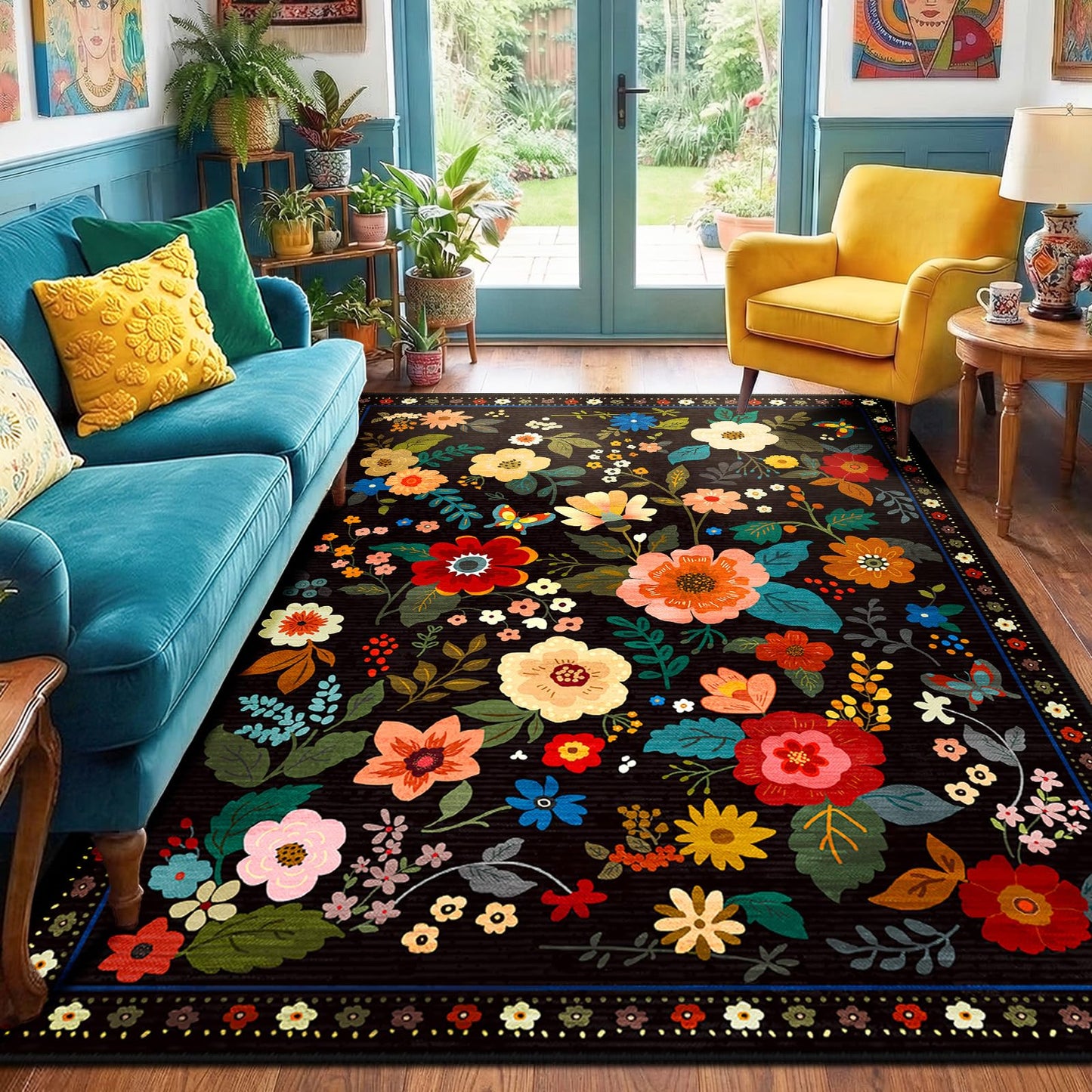 RELEANY Floral Washable 5x7 Area Rugs Black | Flower Carpet, Print, Boho, Non-Slip, Easy to Clean, Soft, Low Pile for Living Room Bedroom Kitchen Office Entryway Hallway
