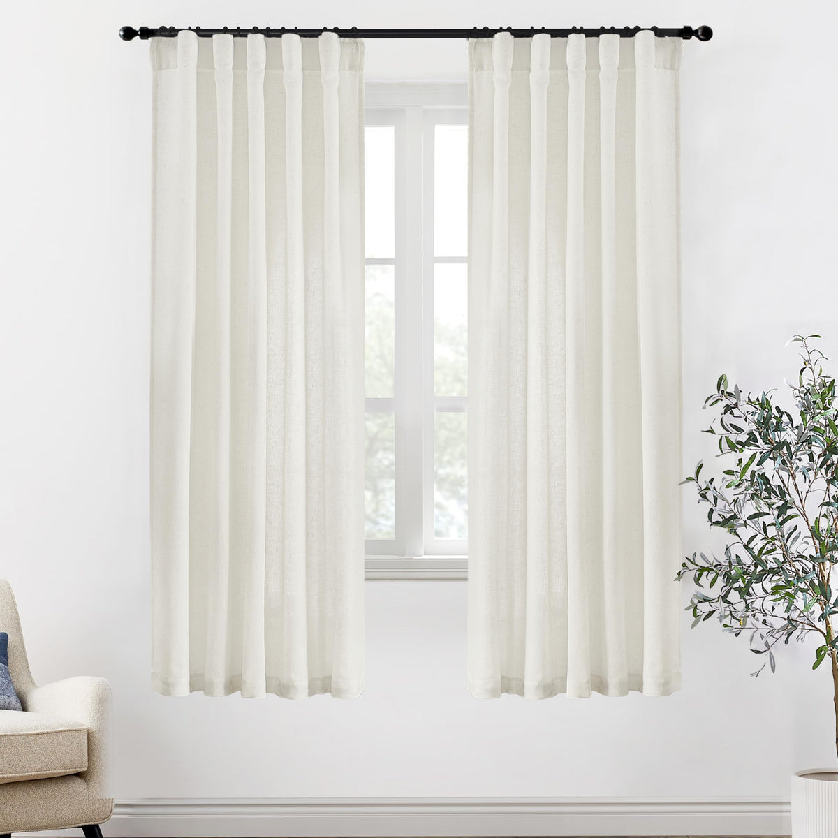 Linen Cotton Curtains for Living Room, Cream Off White Natural Fabric Light Filtering Semi Sheer Curtains 84 Inches Long, Ivory Pleated Farmhouse Curtain Drapes 84 Inch Length 2 Panels Set Dining Room