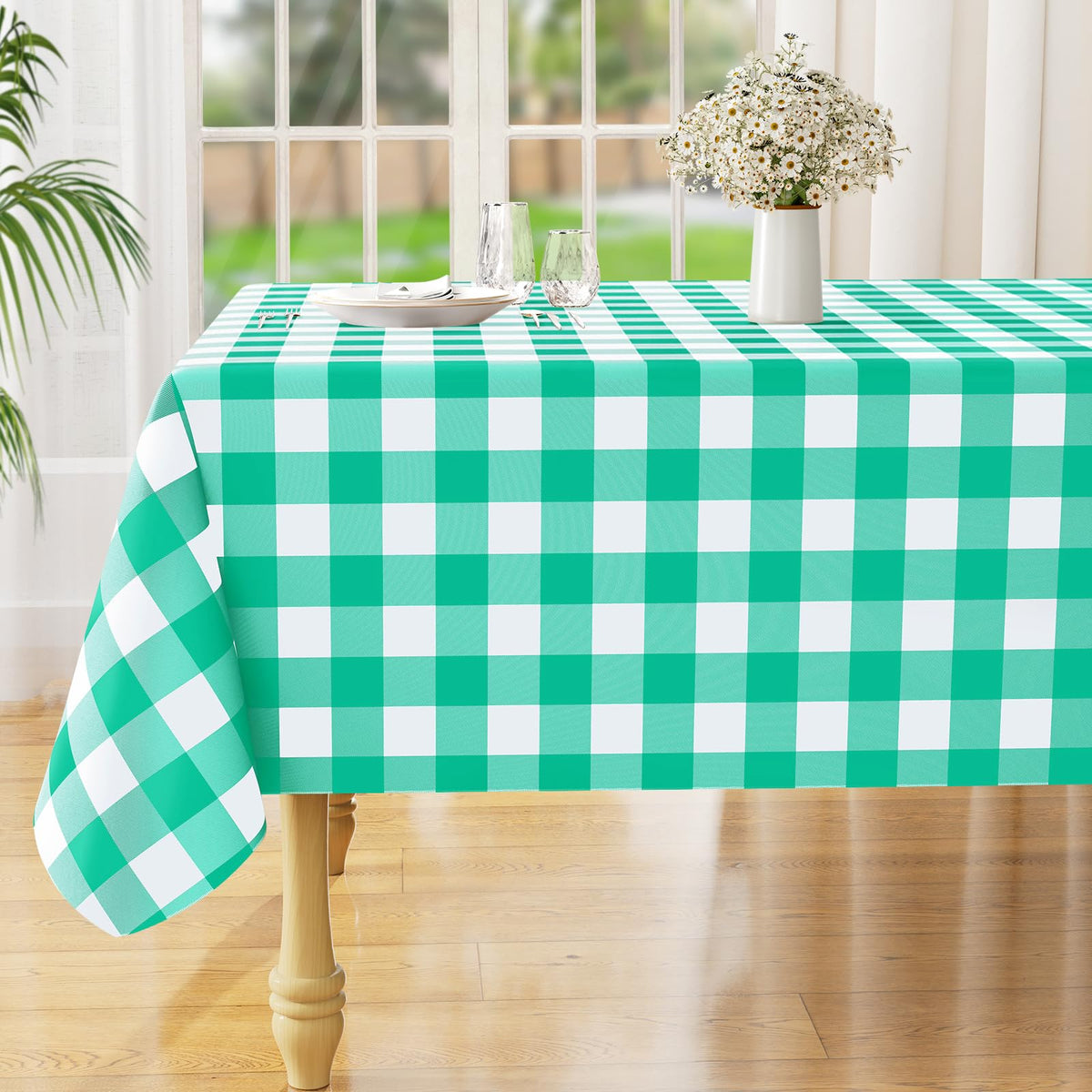 Rectangle Waterproof Vinyl Table Cloth, Buffalo Flannel Backed Tablecloth, Wipeable Plastic Table Cover for Dinner, Kitchen, Outdoor (60" x 84", Black and White)