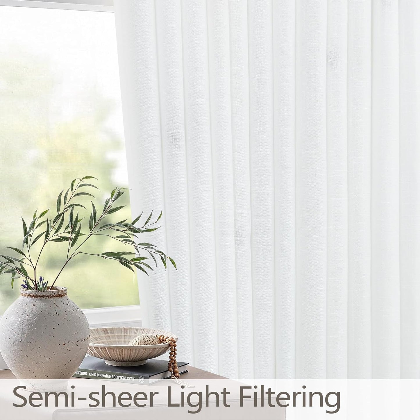 White Linen Pleated Curtains 84 Inches Long for Bedroom Back Tab Light Filtering Sheer Pinch Pleat Drapes Hook Ring Modern Farmhouse Coastal Cotton Textured Gauze Curtain Living Room 84 Length 2 Panel