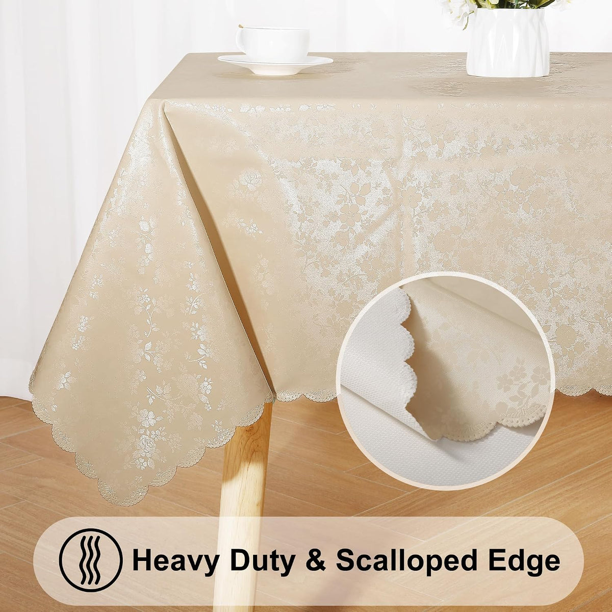 Smiry Rectangle Waterproof Heavy Duty Vinyl Tablecloths, 60 x 84 Inch | Wipeable Washable Floral Embossed Table Cover for Kitchen and Dining Room, Indoor & Outdoor Use, Beige