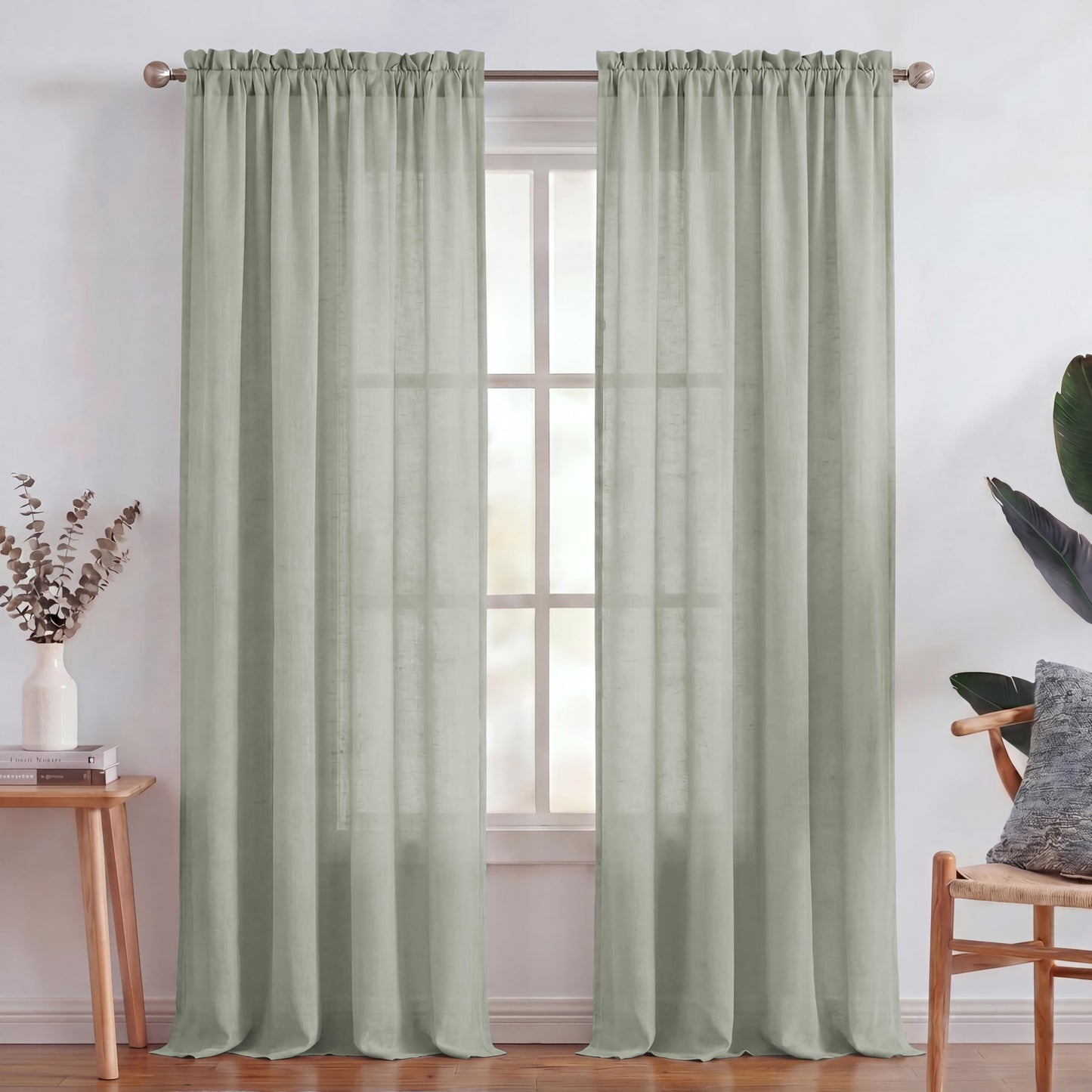 Turquoize White Linen Curtains 96 Inches Long Semi Sheer Curtains Light Filtering Linen Drapes for Living Room/Bedroom 2 Panels Set Rod Pocket Window Treatments Panels,W52 x L96, White