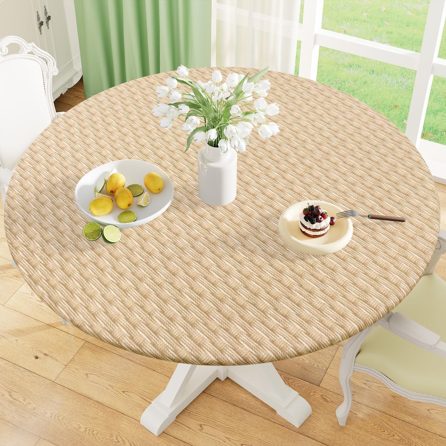 Round Fitted Tablecloth with Elastic Edge, 100% Waterproof Oil Proof Plastic Table Cover, Vinyl Flannel Backed Tablecloth Fits 36"-44" Round Tables for Dinner, Outdoor, Picnic, Oak Wooden Grain