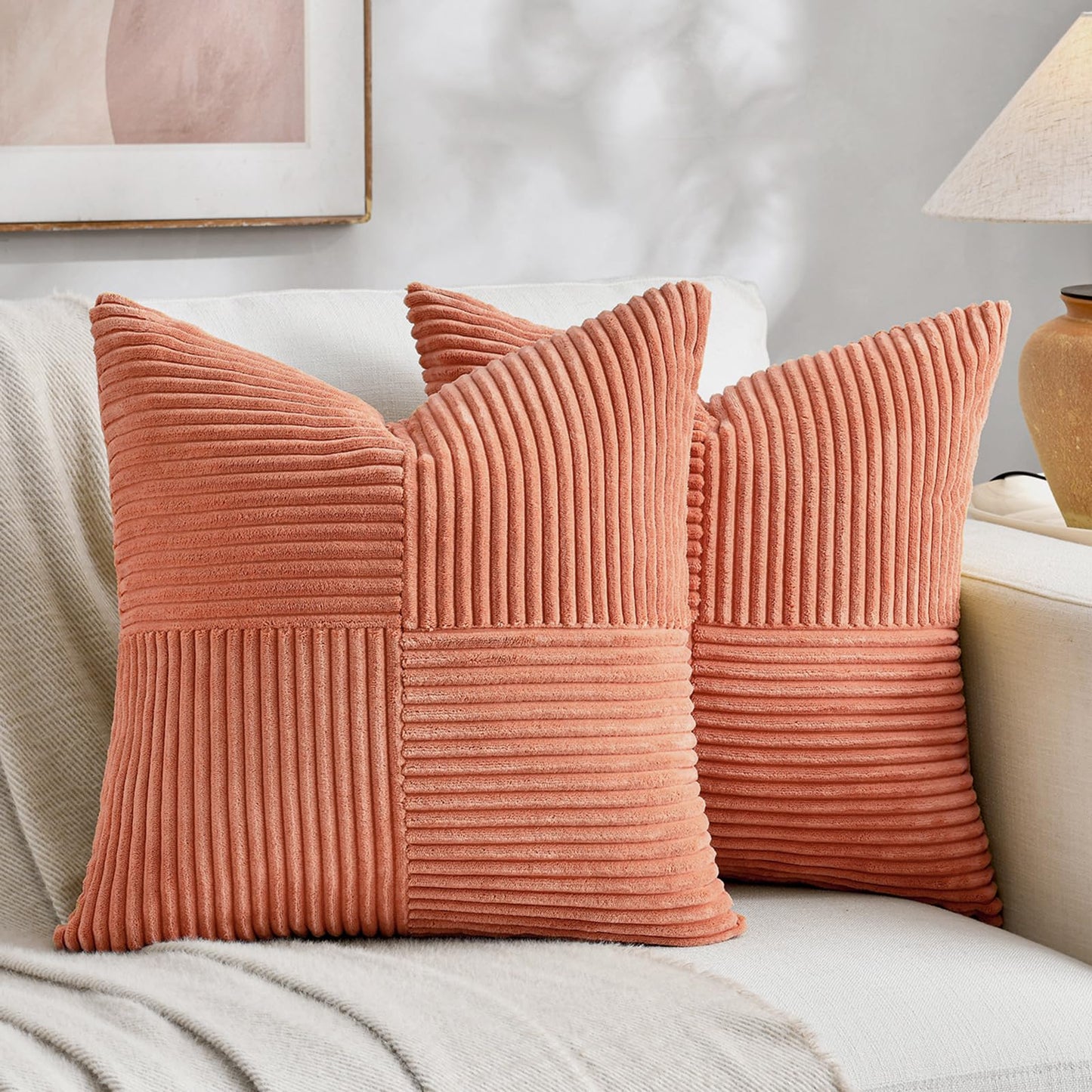 Fancy Homi 2 Packs Rust Boho Decorative Throw Pillow Covers 18x18 Inch for Couch Bed Sofa, Farmhouse Fall Home Decor, Soft Corss Corduroy Patchwork Textured Terracotta Accent Cushion Case 45x45 cm