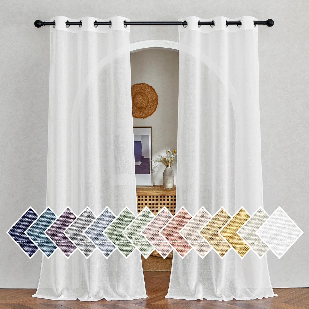 NICETOWN White Sheer Linen Curtains for Living Room 84 inch Length 2 Panels Set, Grommet Semi Sheer Privacy with Light Filtering Flax Window Treatments for Bedroom, W52 x L84